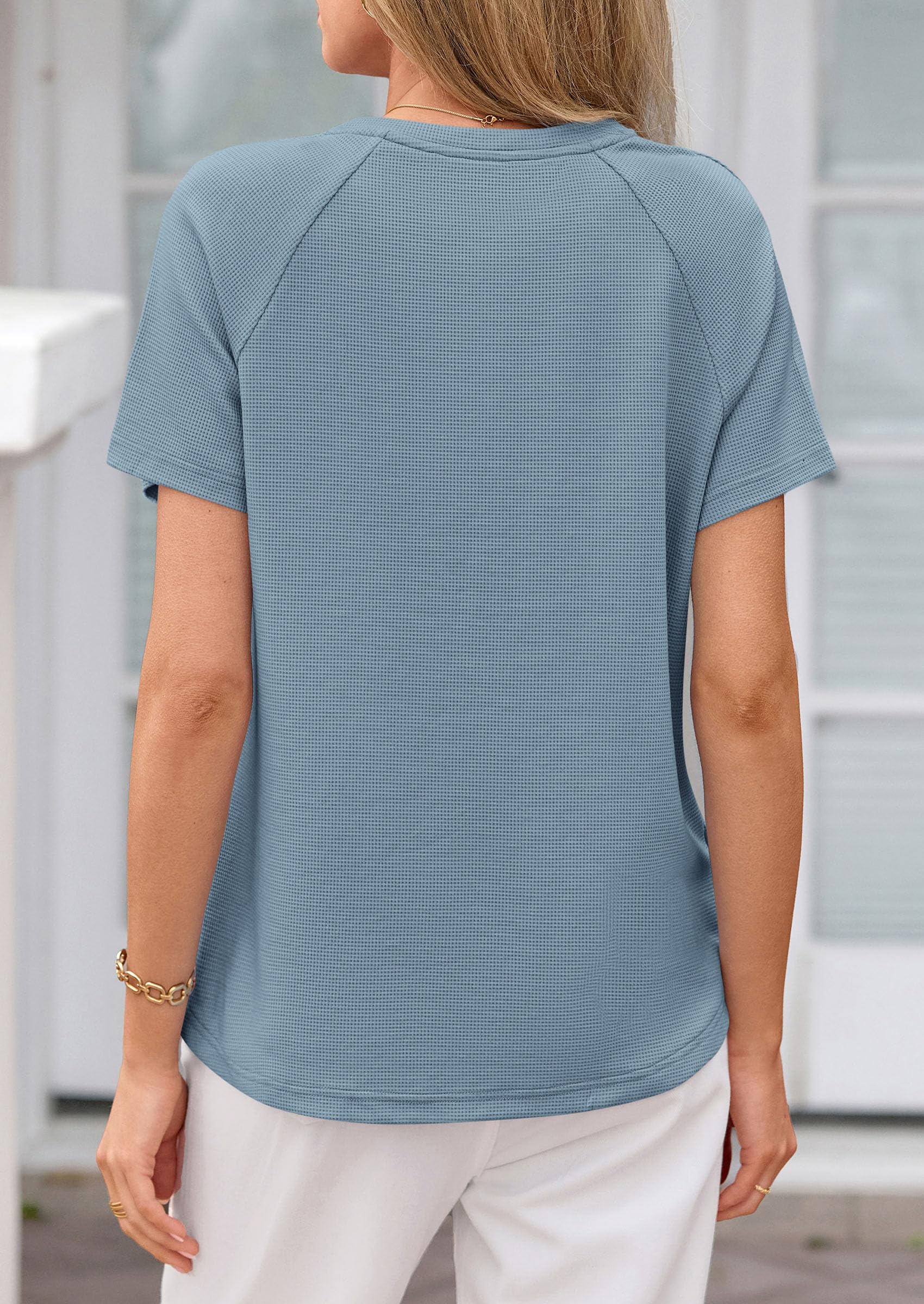 Women's Short Sleeve Waffle Knit Henley Shirts, Dusty Blue,S