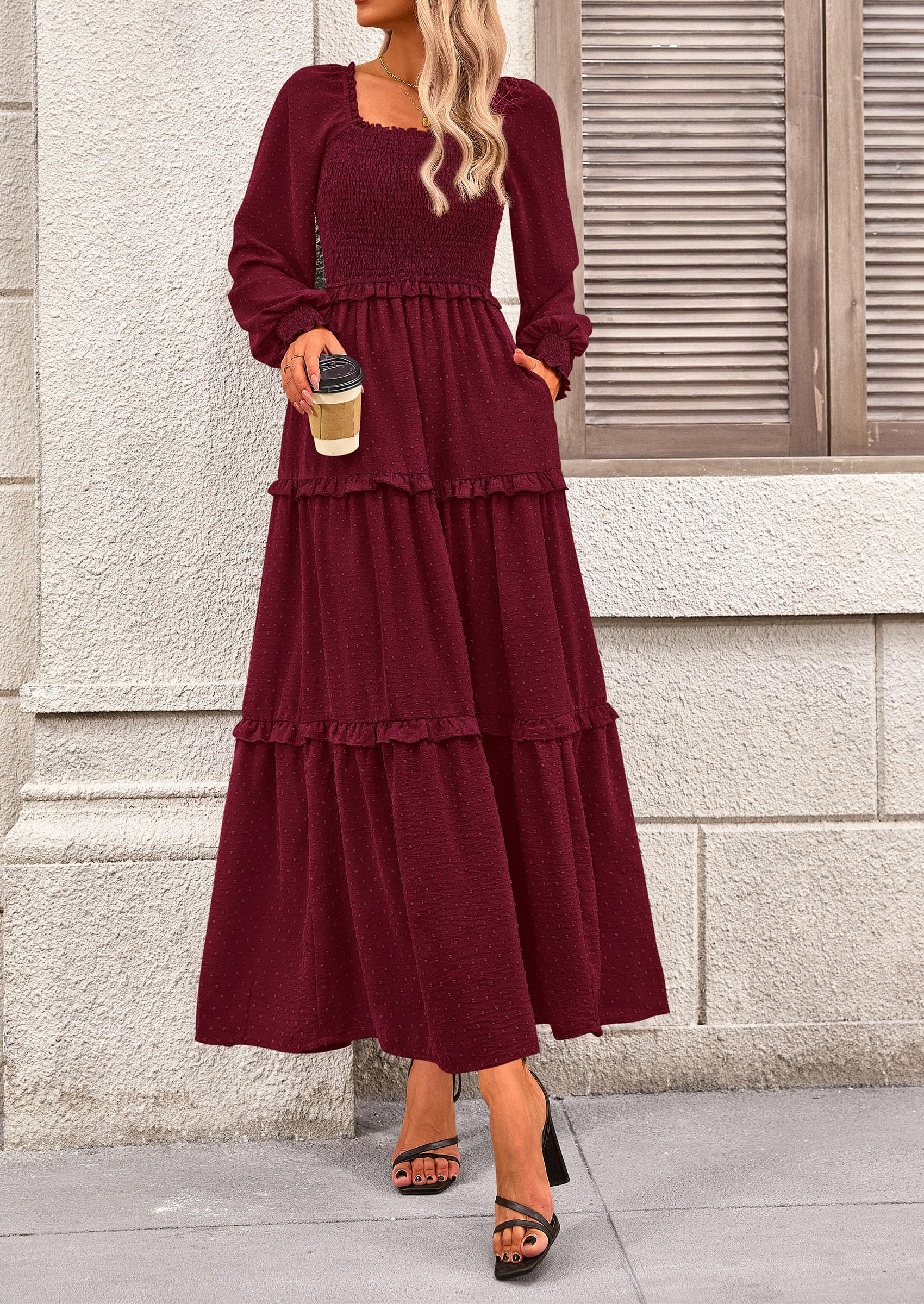 Women's Smocked Long Sleeve Maxi Dress Wedding Guest Dresses