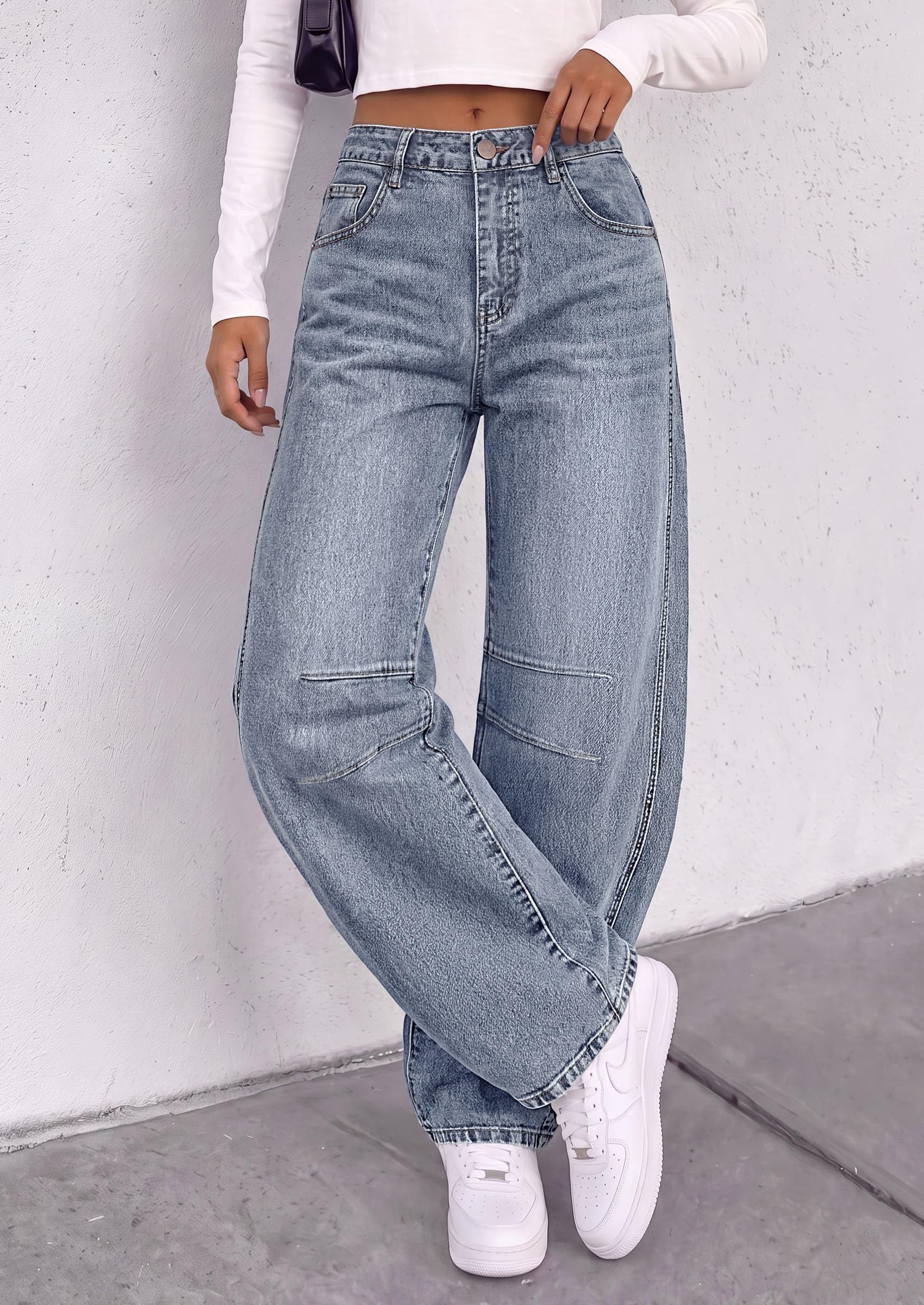 Women's Barrel Baggy Jeans High Waisted Pants (Myosotis,4)
