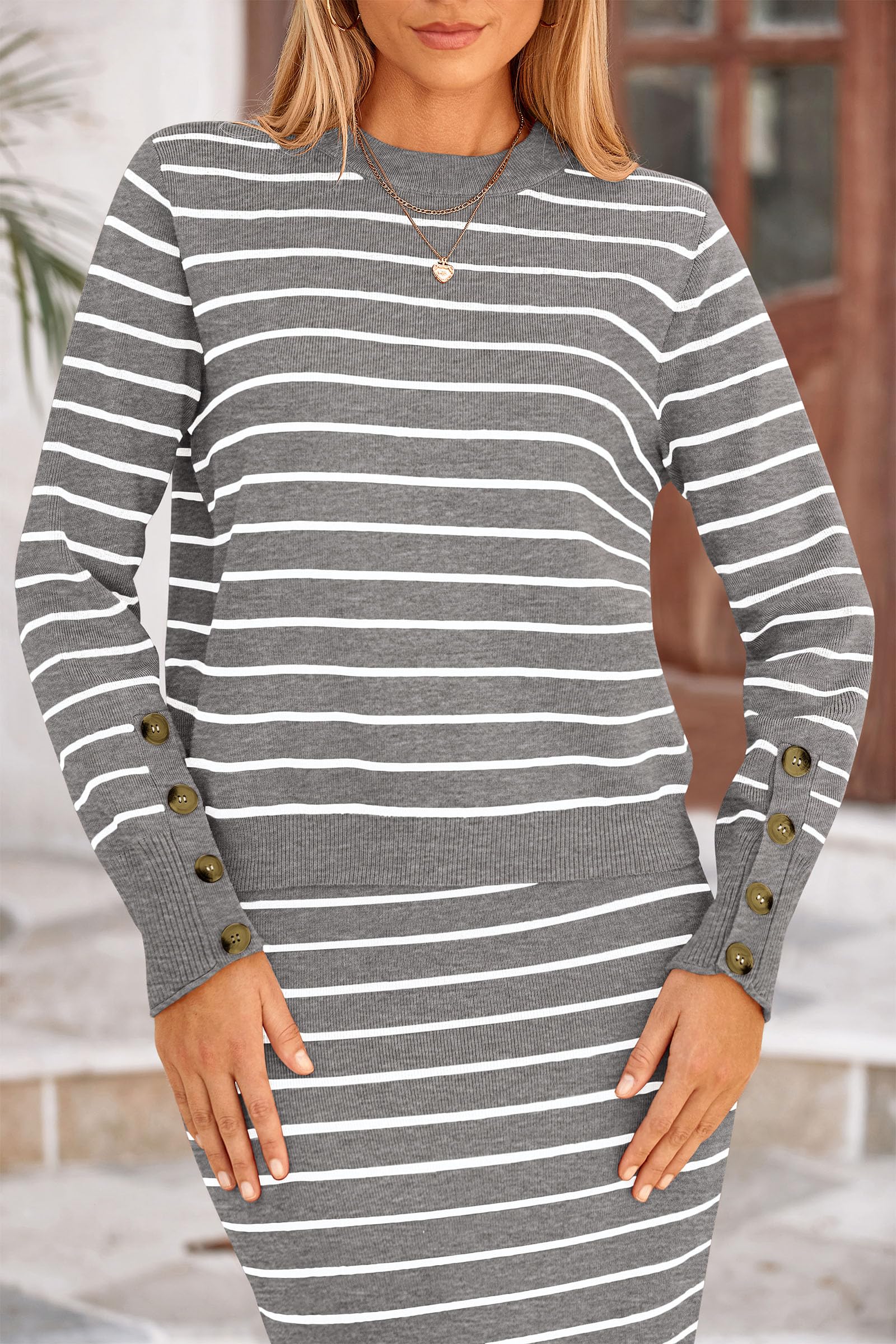 Women's 2 Piece Striped Sweater Skirt Set Fall Matching Sets