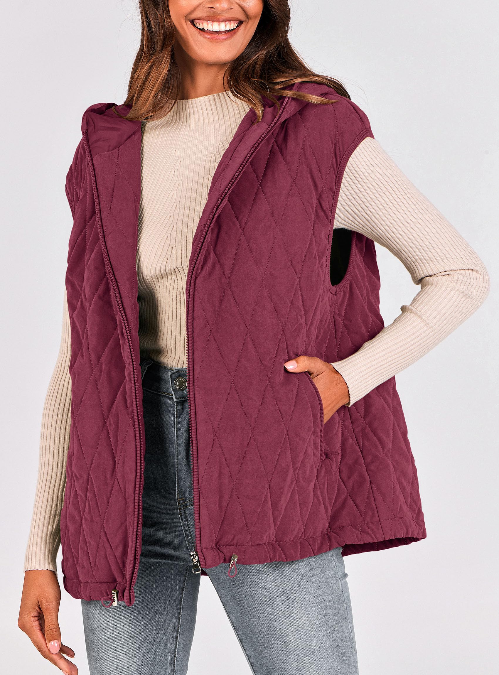 Women's Fall Fashion Vest Zip Up Jacket(Wine Red,Small)