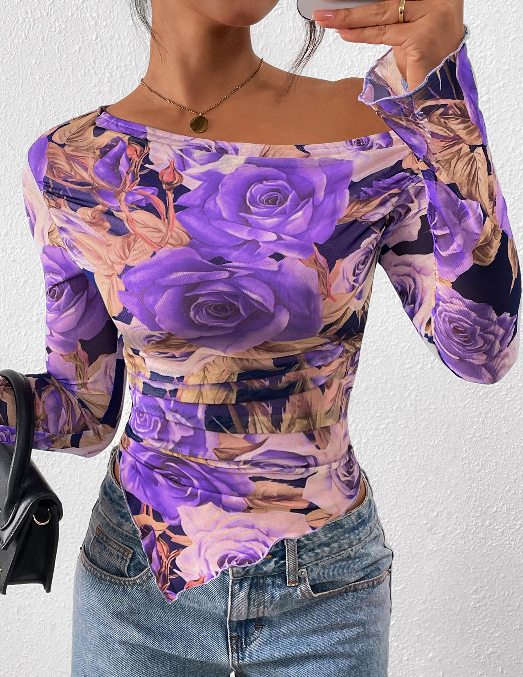 Womens Off Shoulder Mesh Y2k Tops,Floral Purple,XS