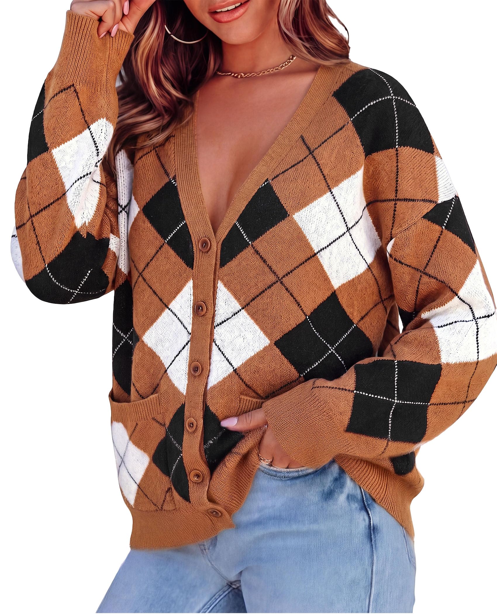 Women's Cardigan Argyle Winter Sweaters (Plaid Brown,S)