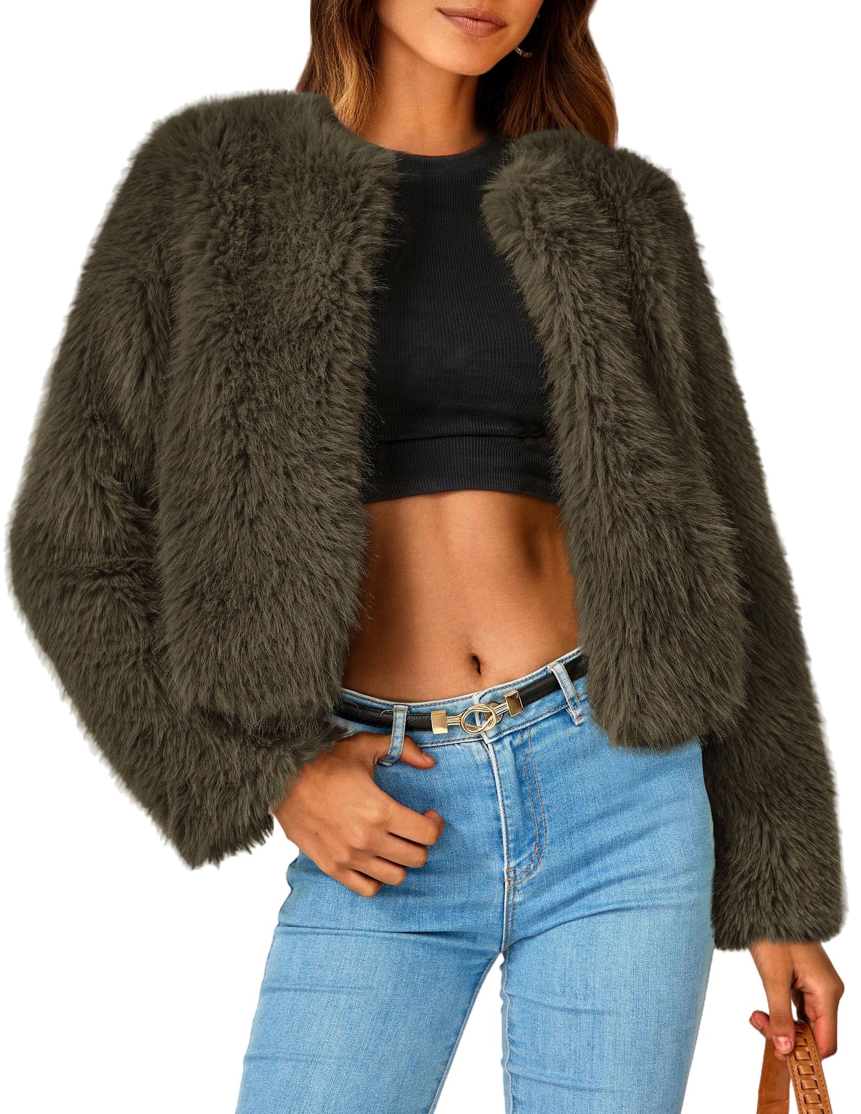 Women's Winter Cropped Faux Fur Coats(Army Green,Small)