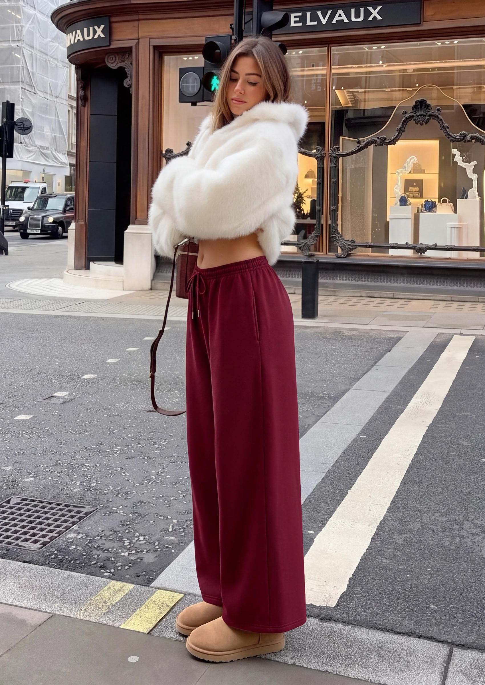 Womens Wide Leg Sweatpants Fleece Fall Sweat Pants,Wine Red