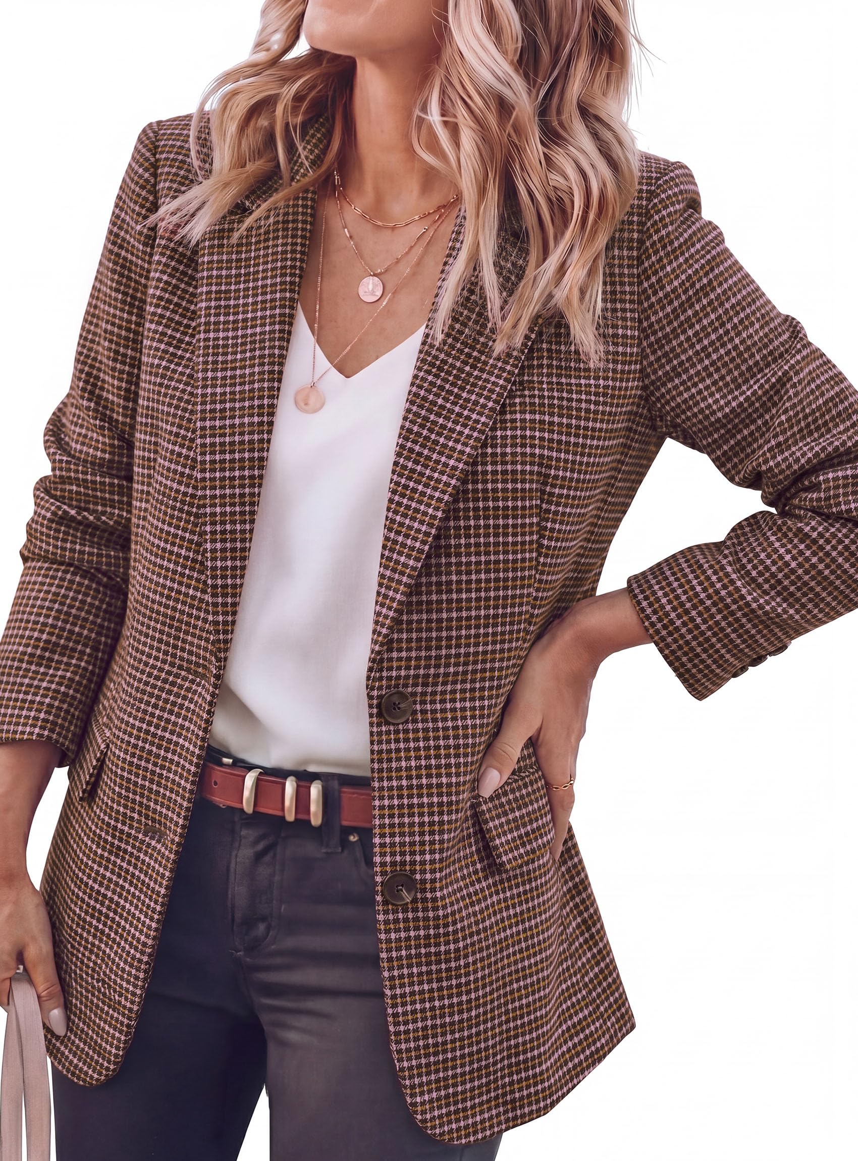 Fall Plaid Blazers for Women Business Casual Pink S