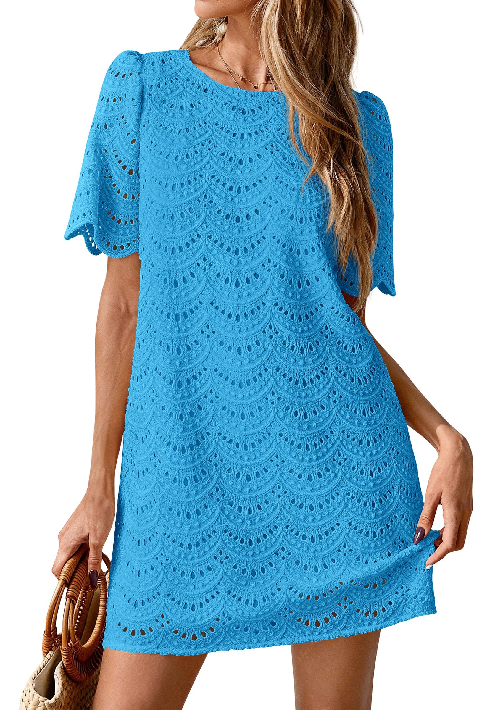 Women's Summer Eyelet Lace Short Dress (Brilliant Blue,S)