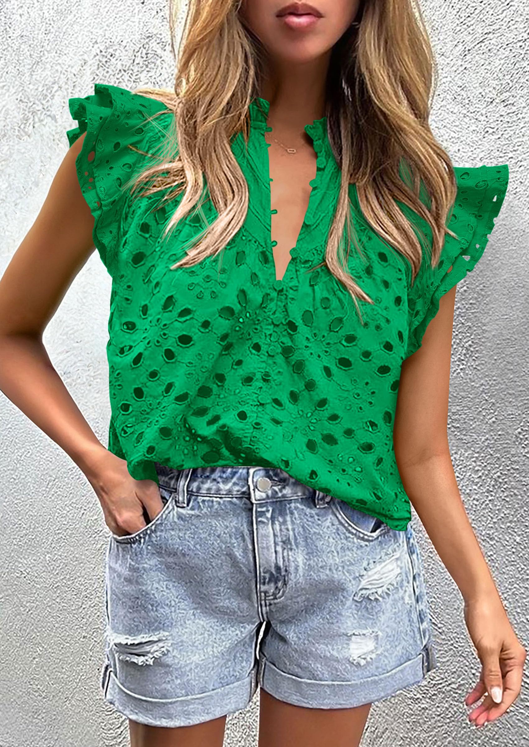Women's Eyelet V Neck Summer Tops Dressy Casual Green,S