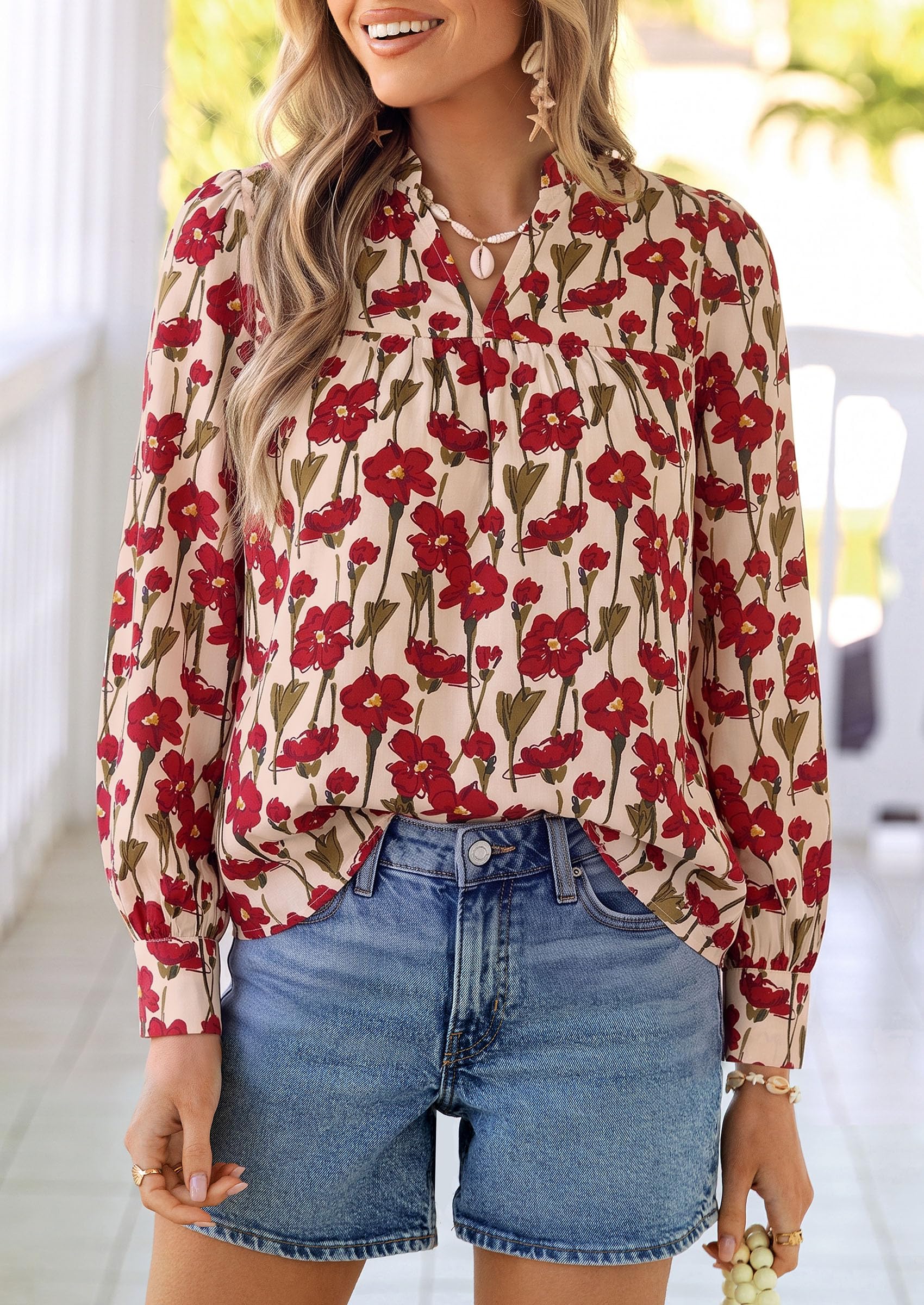 Women's Boho Floral Blouses Dressy Casual Apricot Red,S