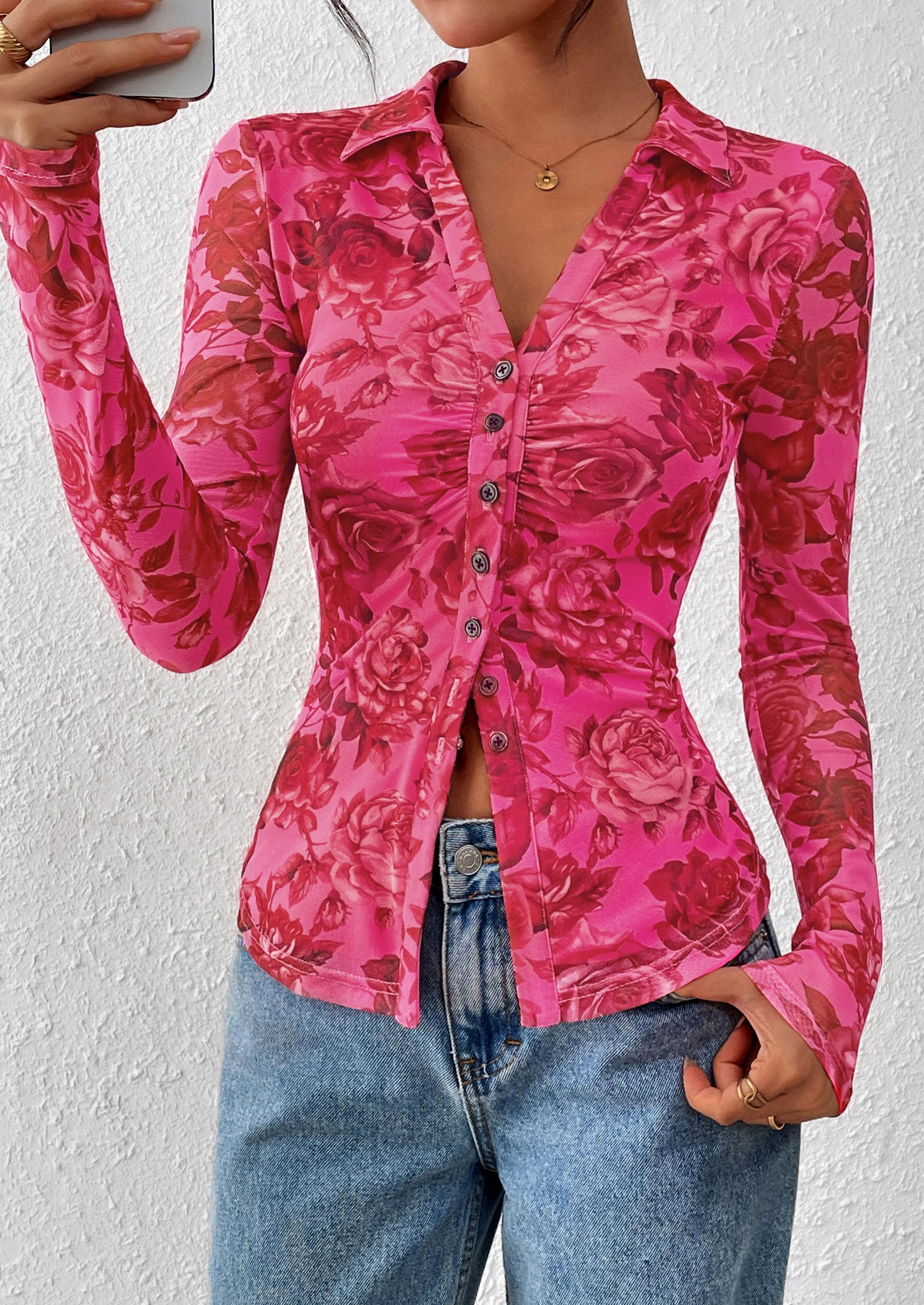 Women's Button Down Shirts Boho Mesh Floral Going Out Tops