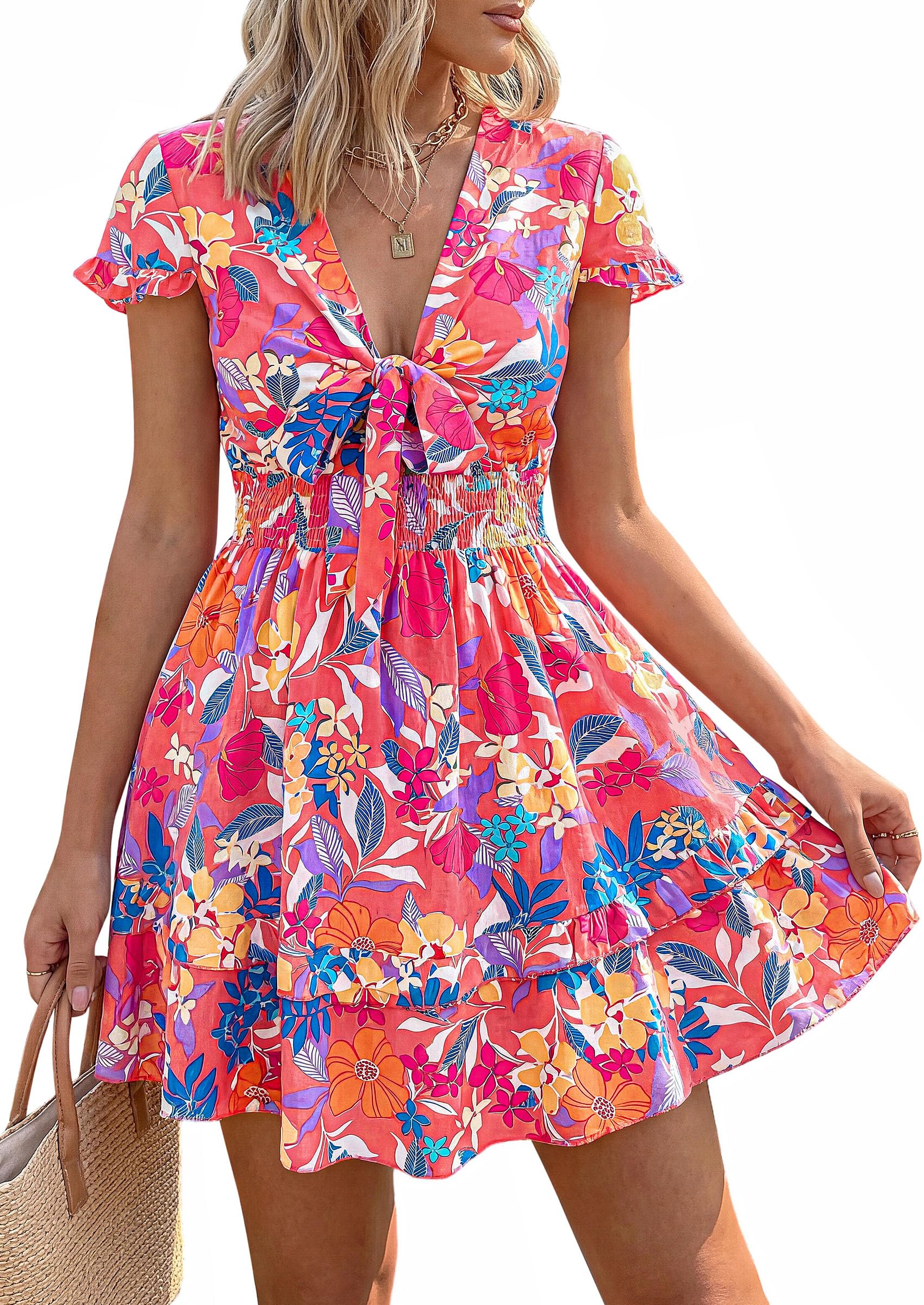Women's Boho Floral Mini Tiered Dress, Floral Pink Orange,S