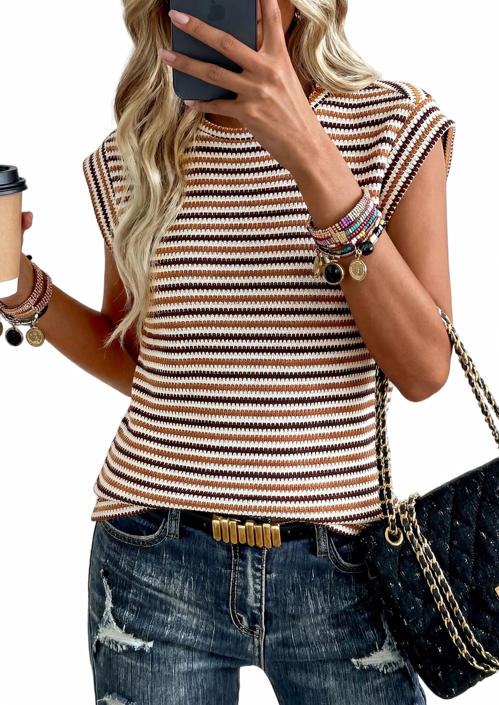 Women's Striped Knit Vest Tops, Striped Khaki Brown,S