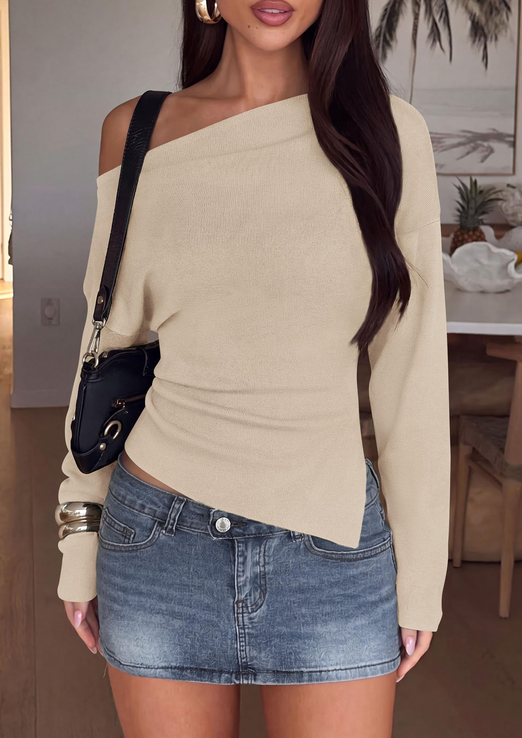 Womens Fall Long Sleeve Off Shoulder Sweater,Beige,S