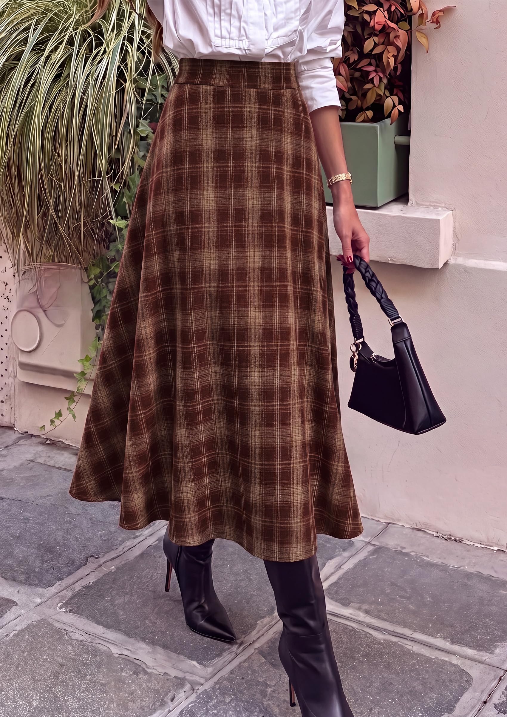 Women's Plaid High Waisted A-Line Midi Skirts,Brown Red,S