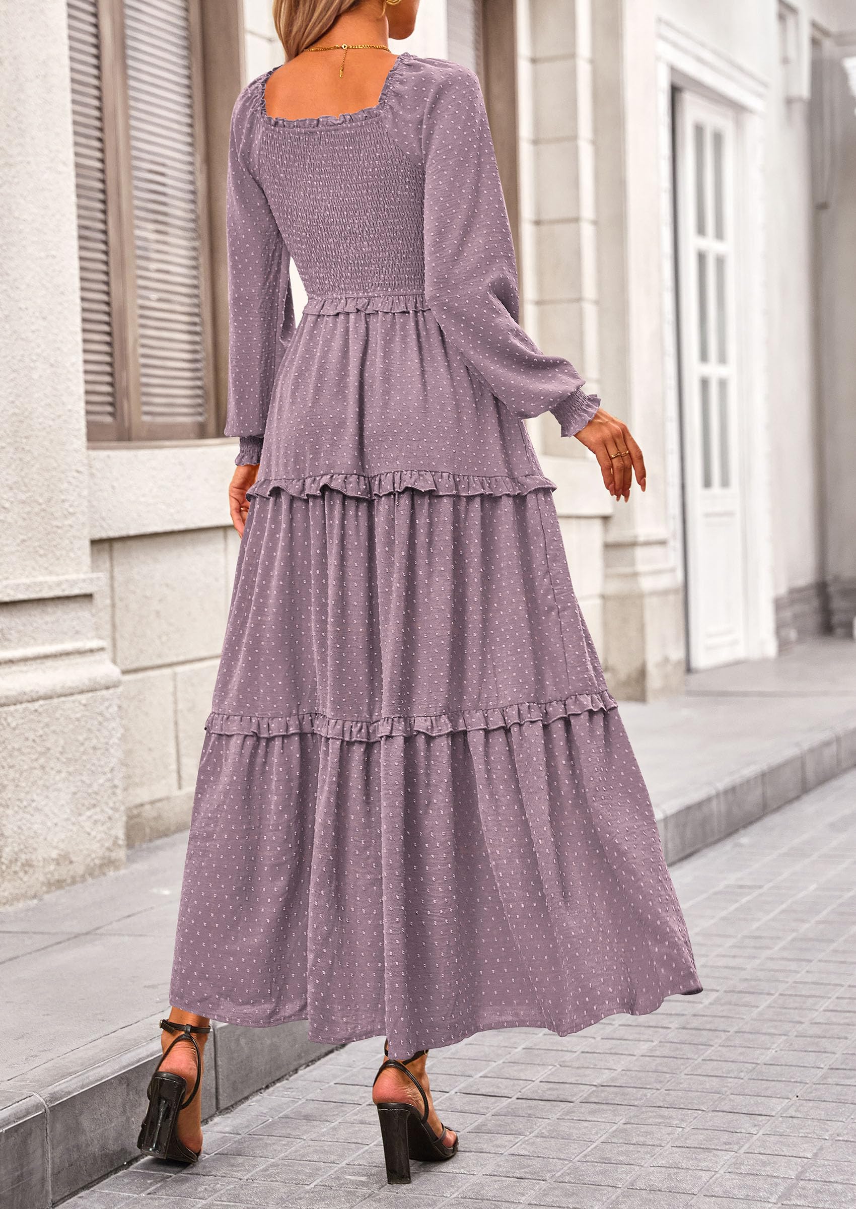 Women's Smocked Long Sleeve Maxi Dress Wedding Guest Dresses