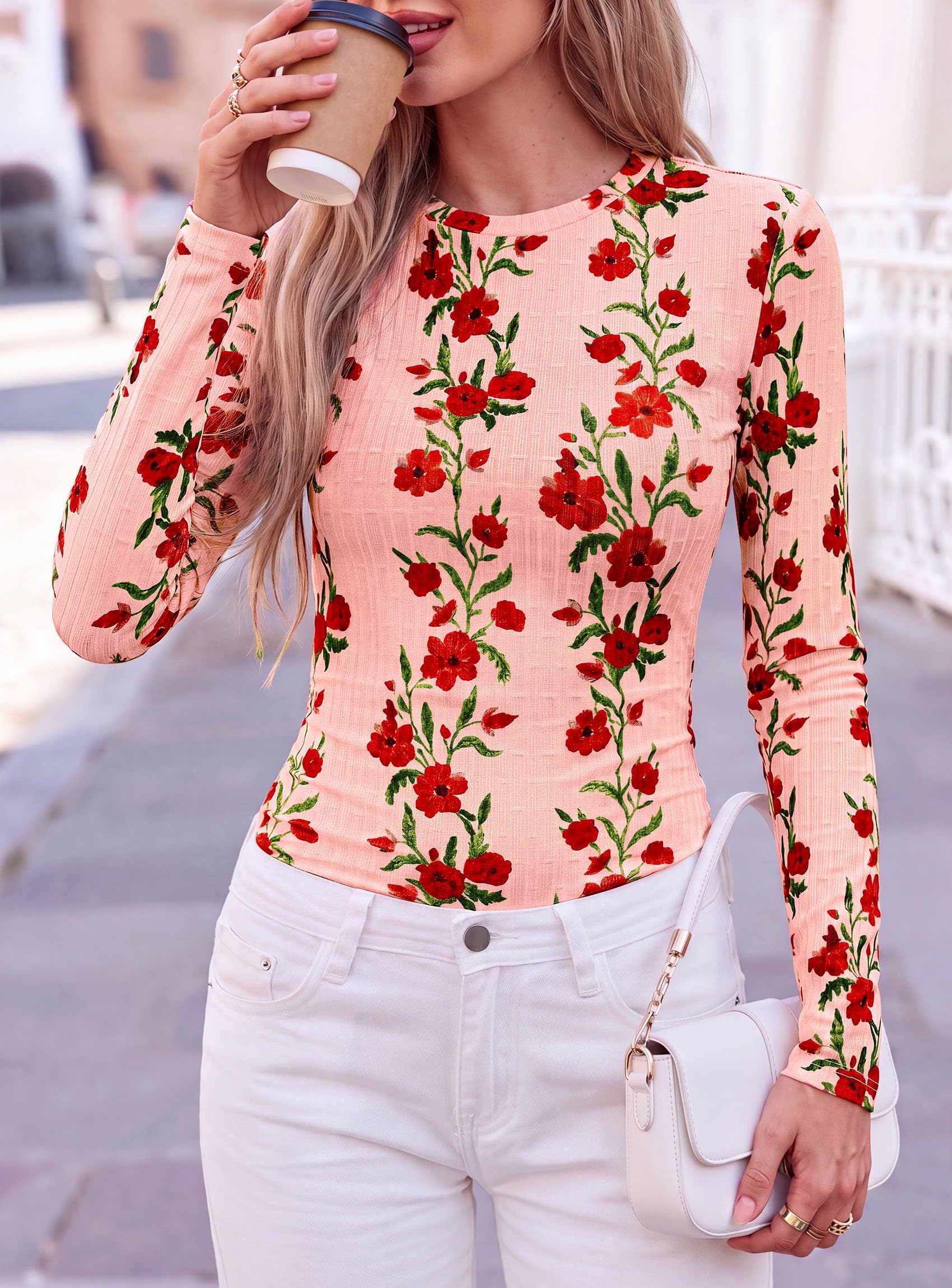 Womens Long Sleeve Shirts Floral Y2K Tops,Pink,XS