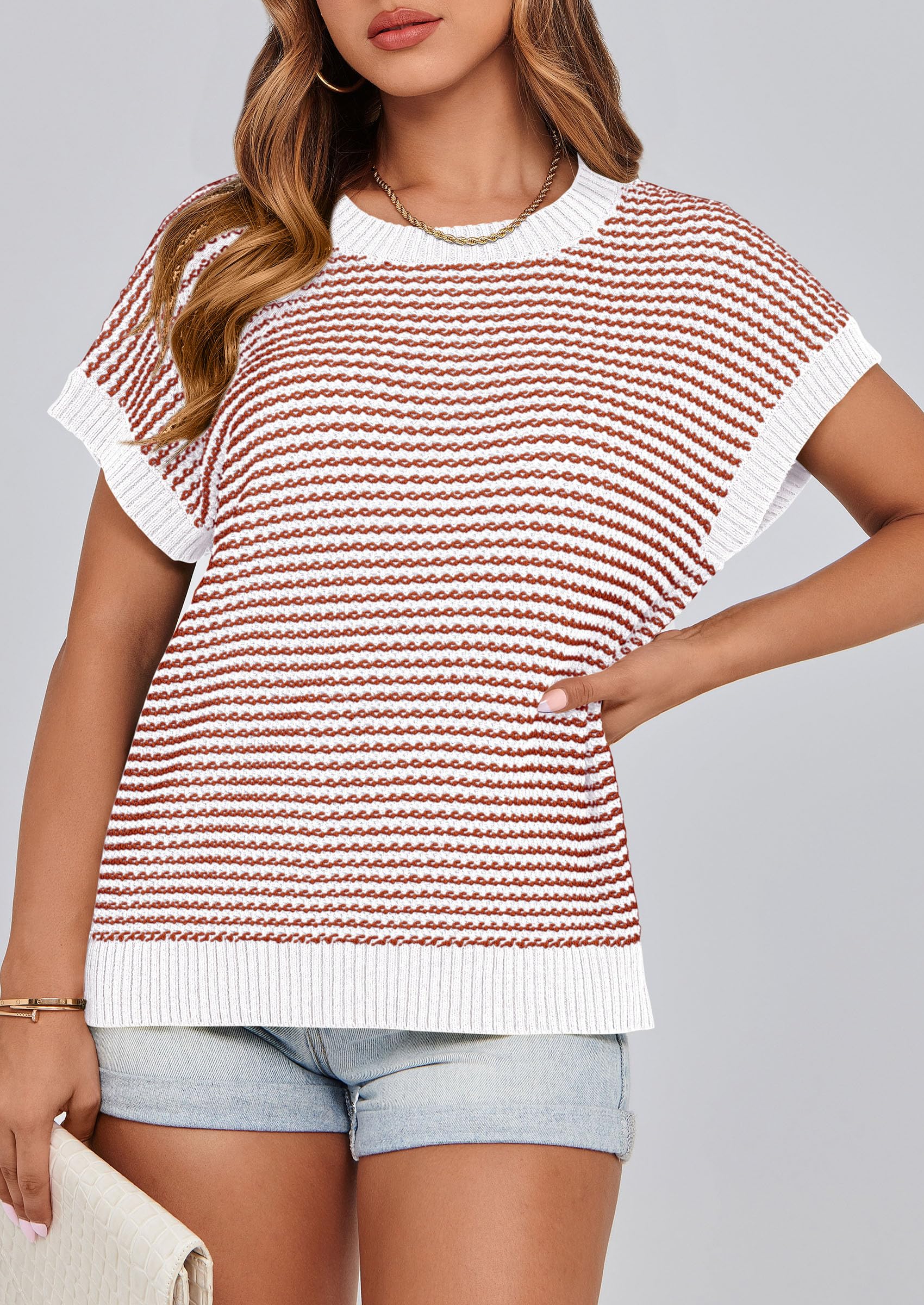 Women's Striped Short Sleeve Sweater Vest Striped White Red,S