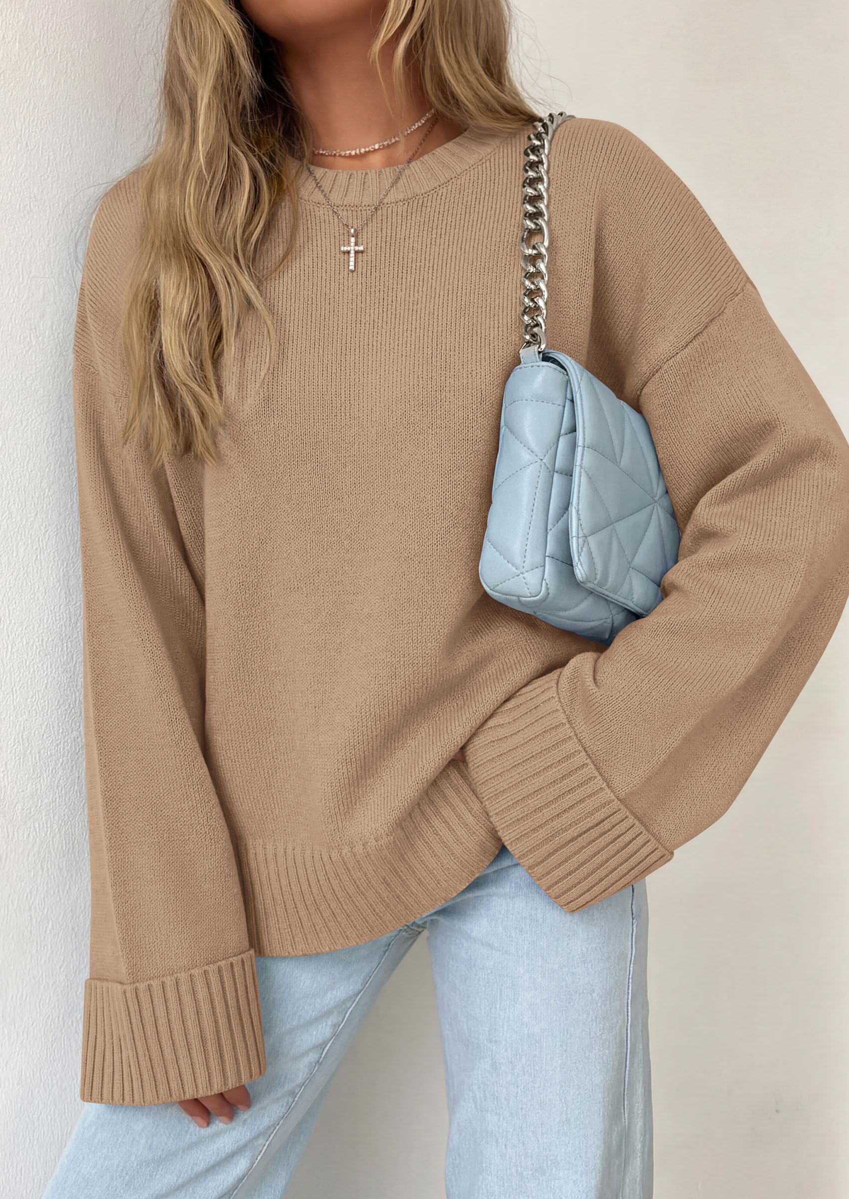 Oversized Sweater Women's Crewneck Long Sleeve Tops Khaki