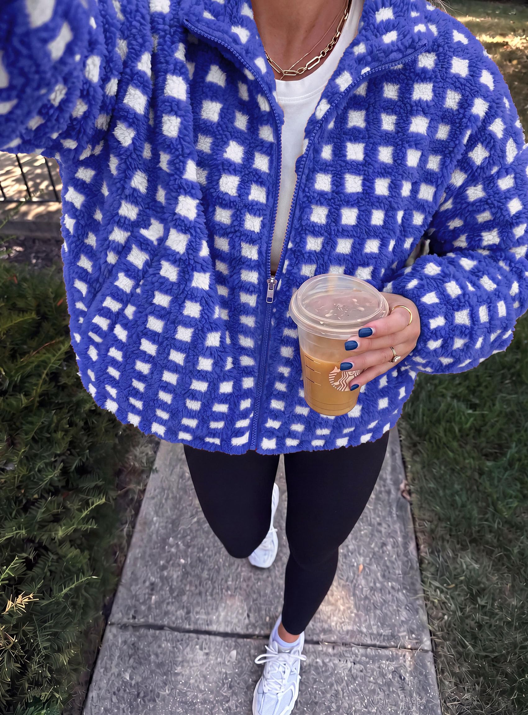 Women's Gingham Sherpa Fleece Jacket Plaid Cropped Teddy Coat