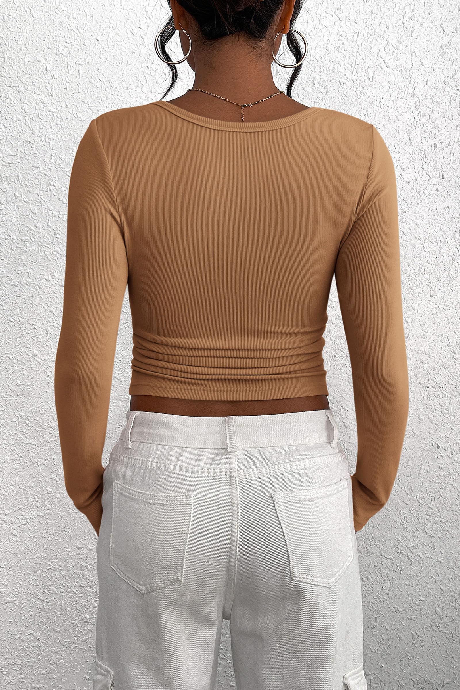 Women's Fall Long Sleeve Henley T Shirts Light Camel