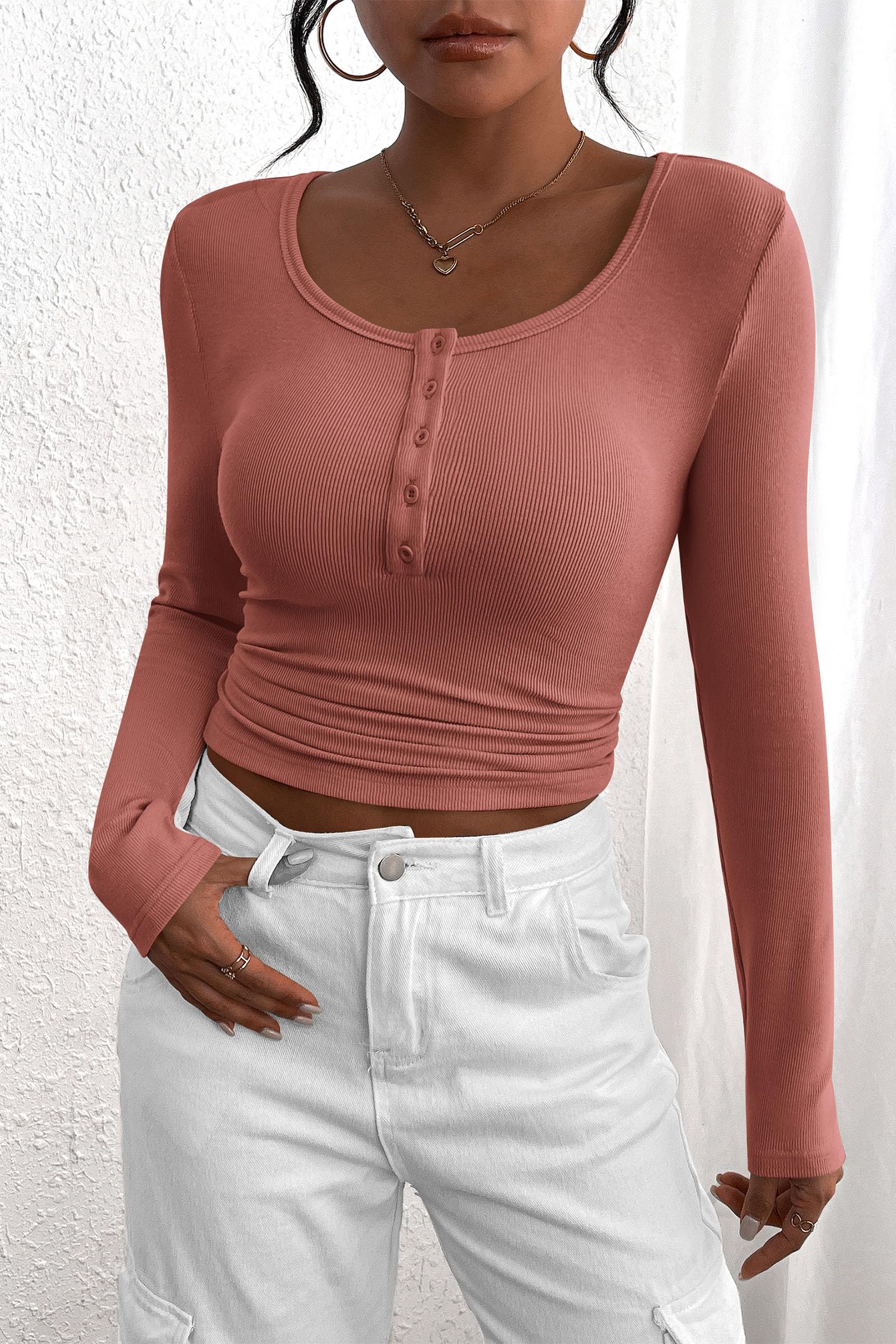 Women's Fall Long Sleeve Henley T Shirts Heather Pink