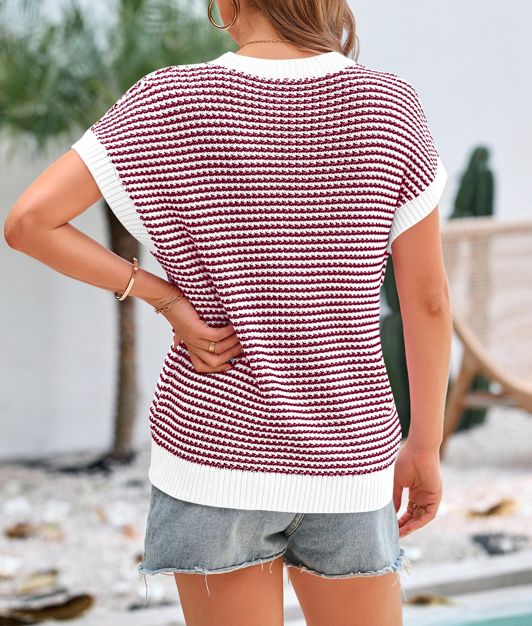 Women's Striped Short Sleeve Sweater Vest Red,S