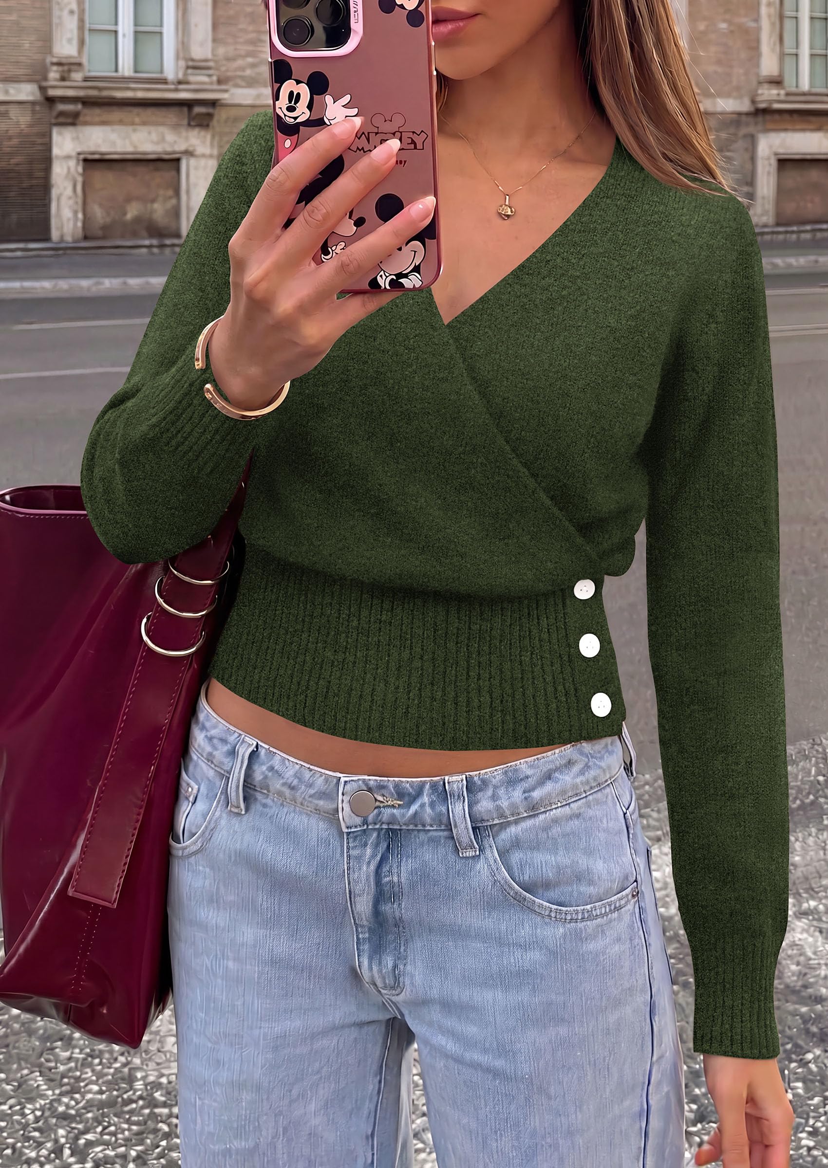 Women V Neck Wrap Sweater Cropped Tops (Army Green,S)