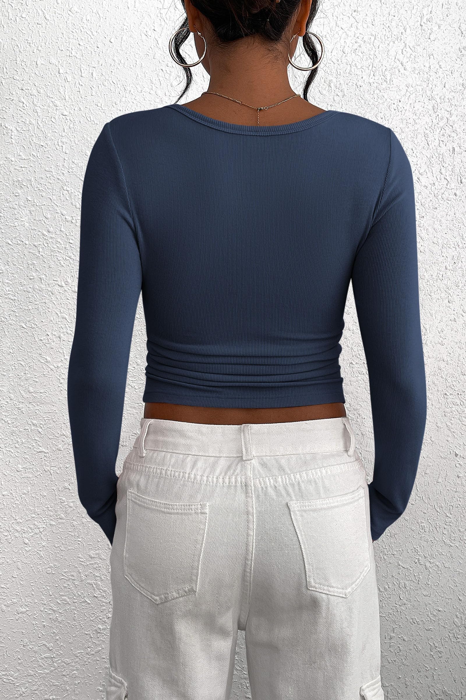 Women's Fall Long Sleeve Henley T Shirts Dark Blue