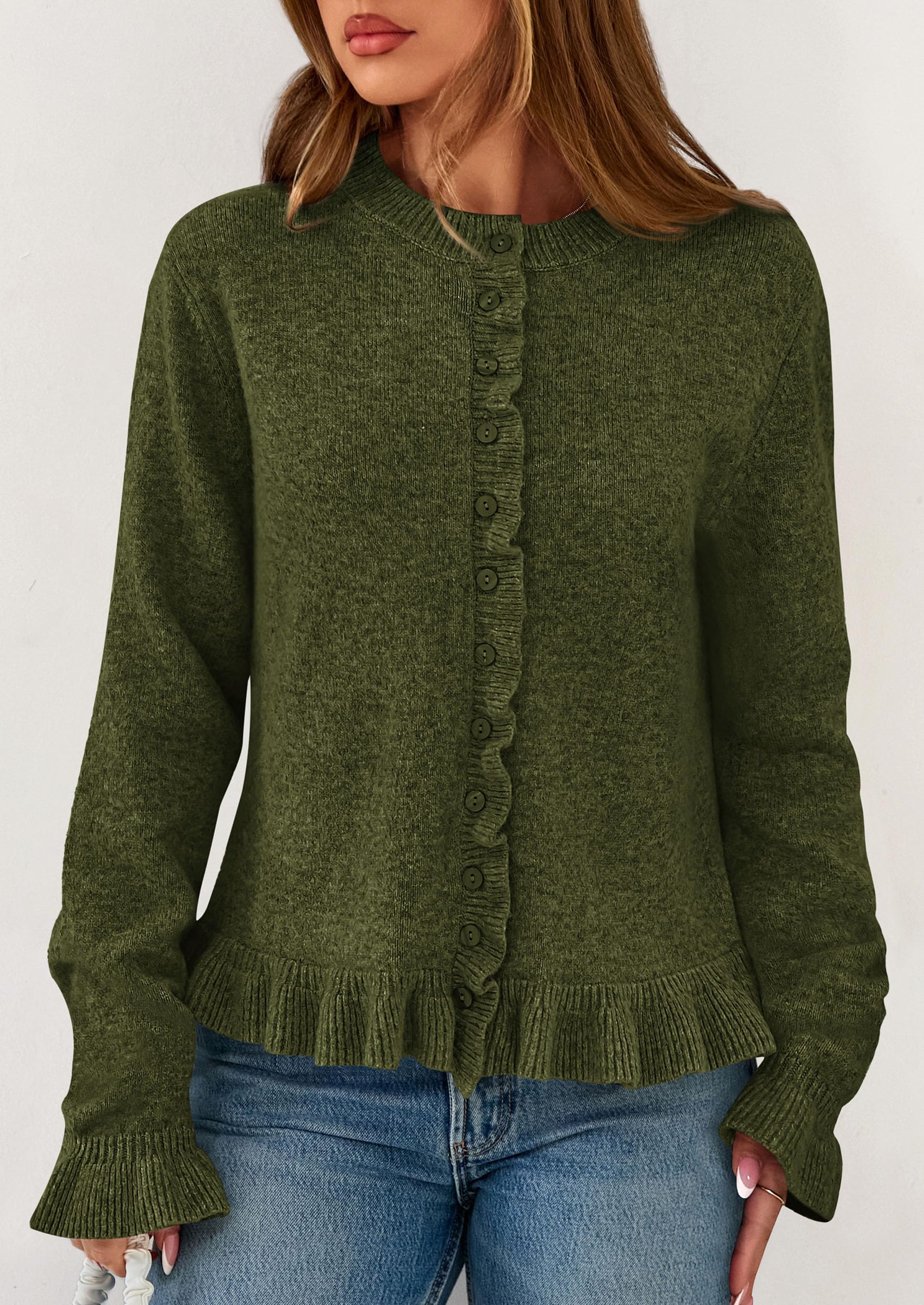 Womens Ruffle Button Down Cardigan Sweaters,Army Green,S