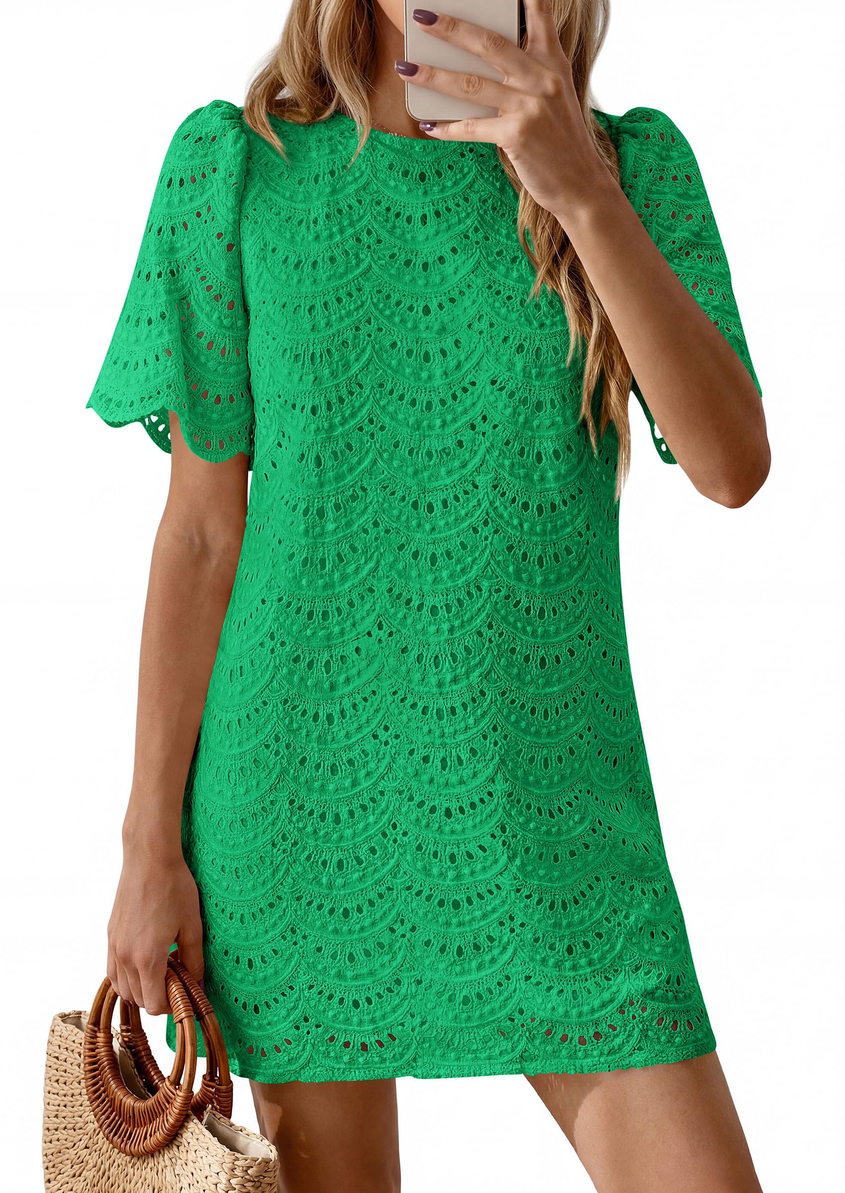 Women's Summer Eyelet Lace Short Dress (Green,S)