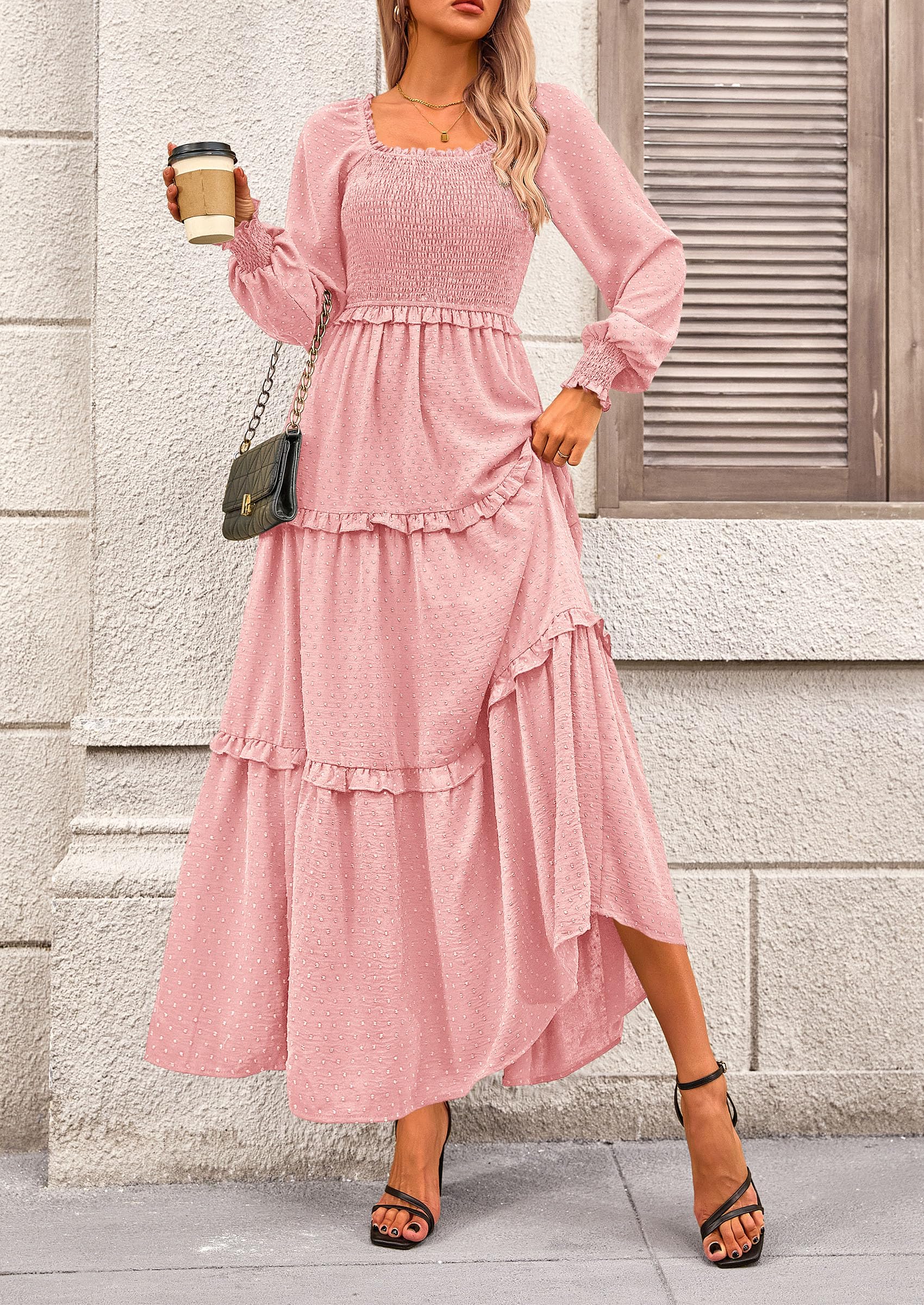 Women's Smocked Long Sleeve Maxi Dress Wedding Guest Dresses