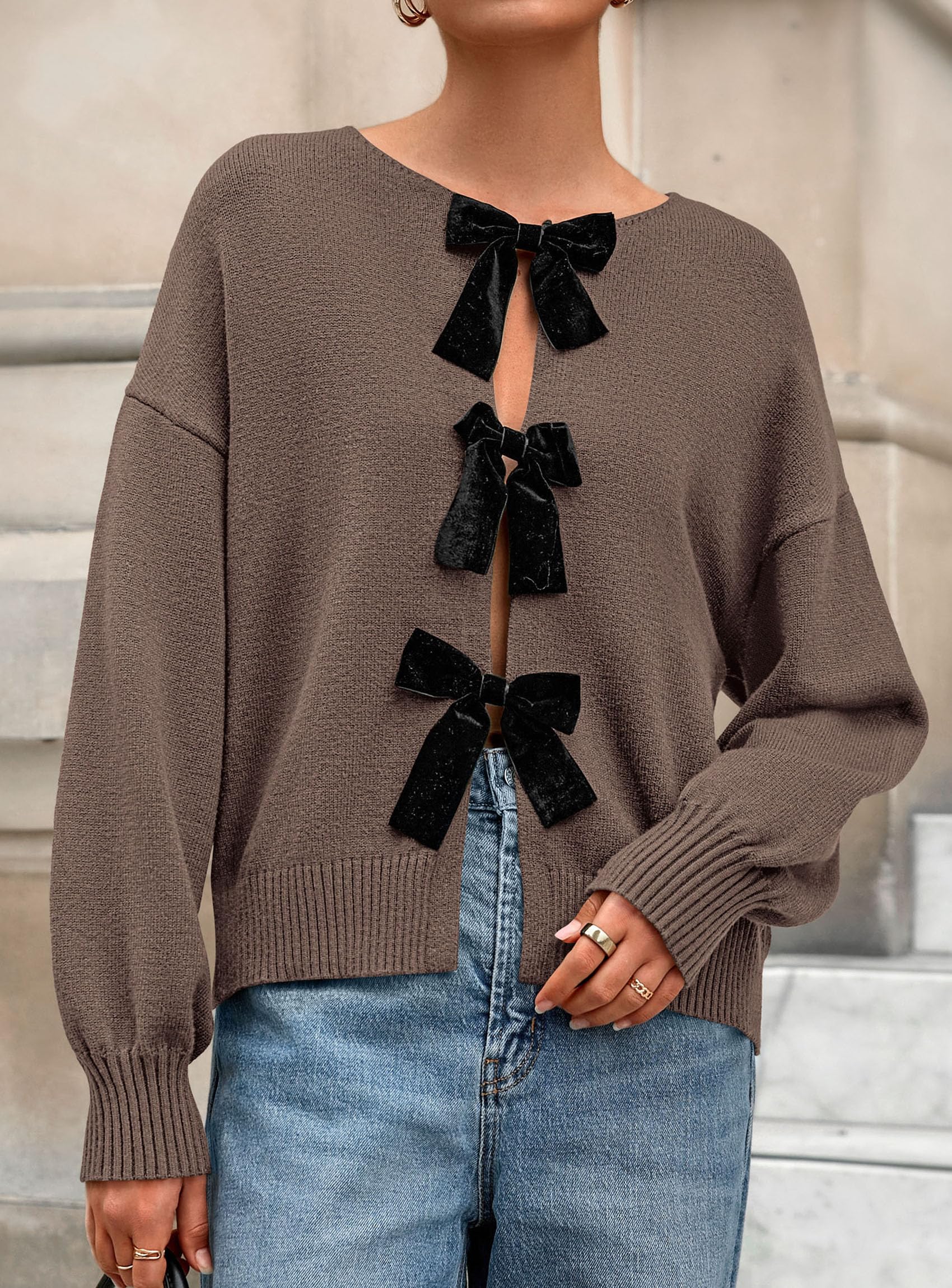 Women's Fall Bow Tie Front Cardigan Sweaters,Coffee,S