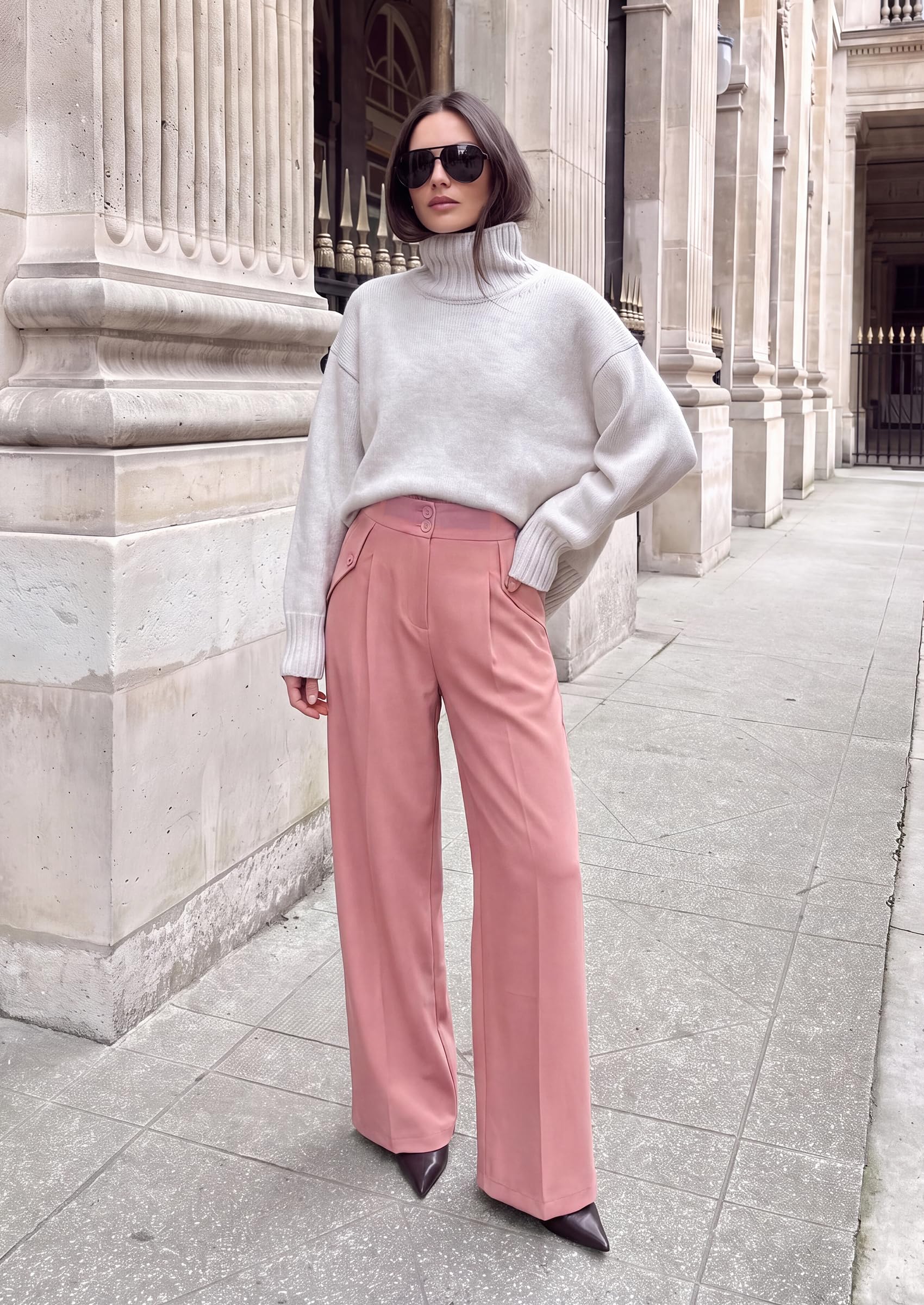 Women's Wide Leg Work Dress Pants Trousers (Pink,S)