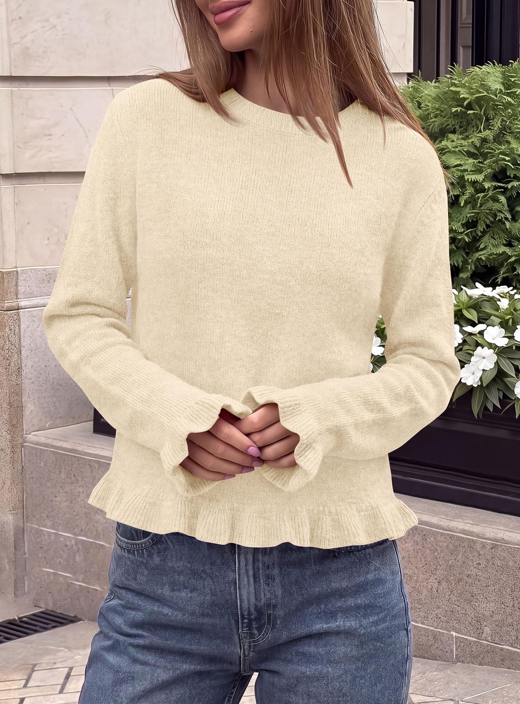 Women's Ruffle Sweaters Fall Fashion Cozy Knit Pullover Beige