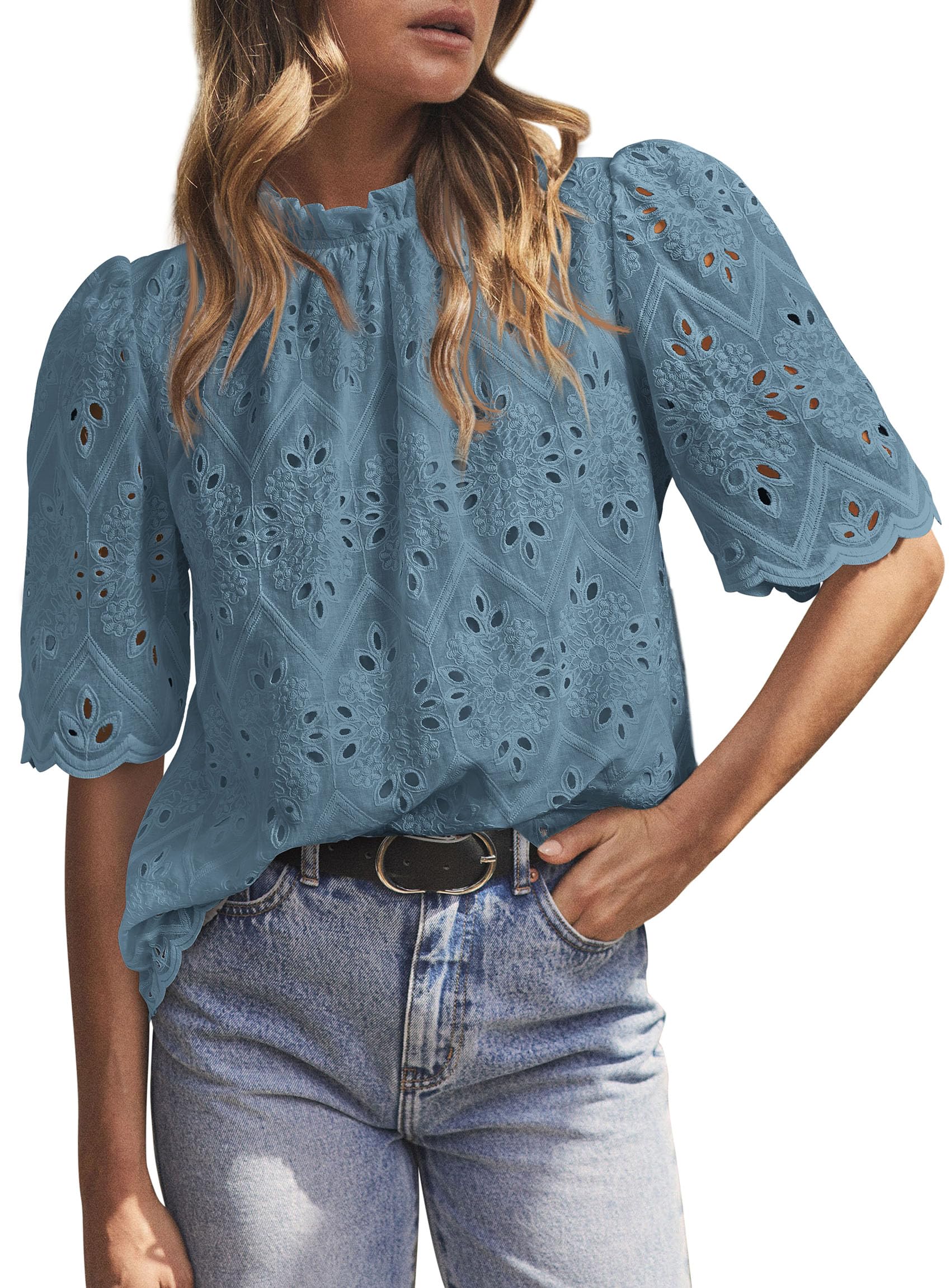 Women Summer Tops Eyelet Embroidered Shirts,Blue Grey,XS