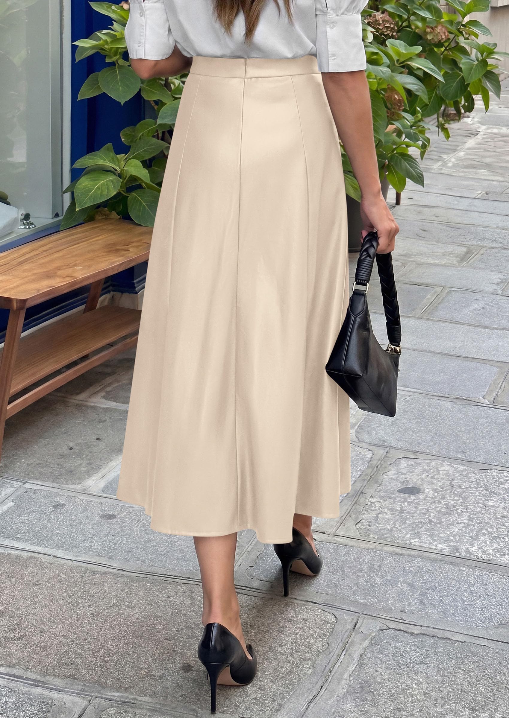 Womens Faux Leather High Waisted Midi Skirt,Beige,S