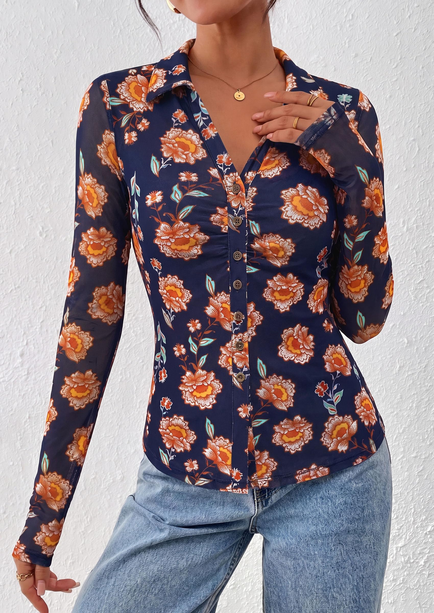 Women's Button Down Shirts Boho Mesh Floral Going Out Tops