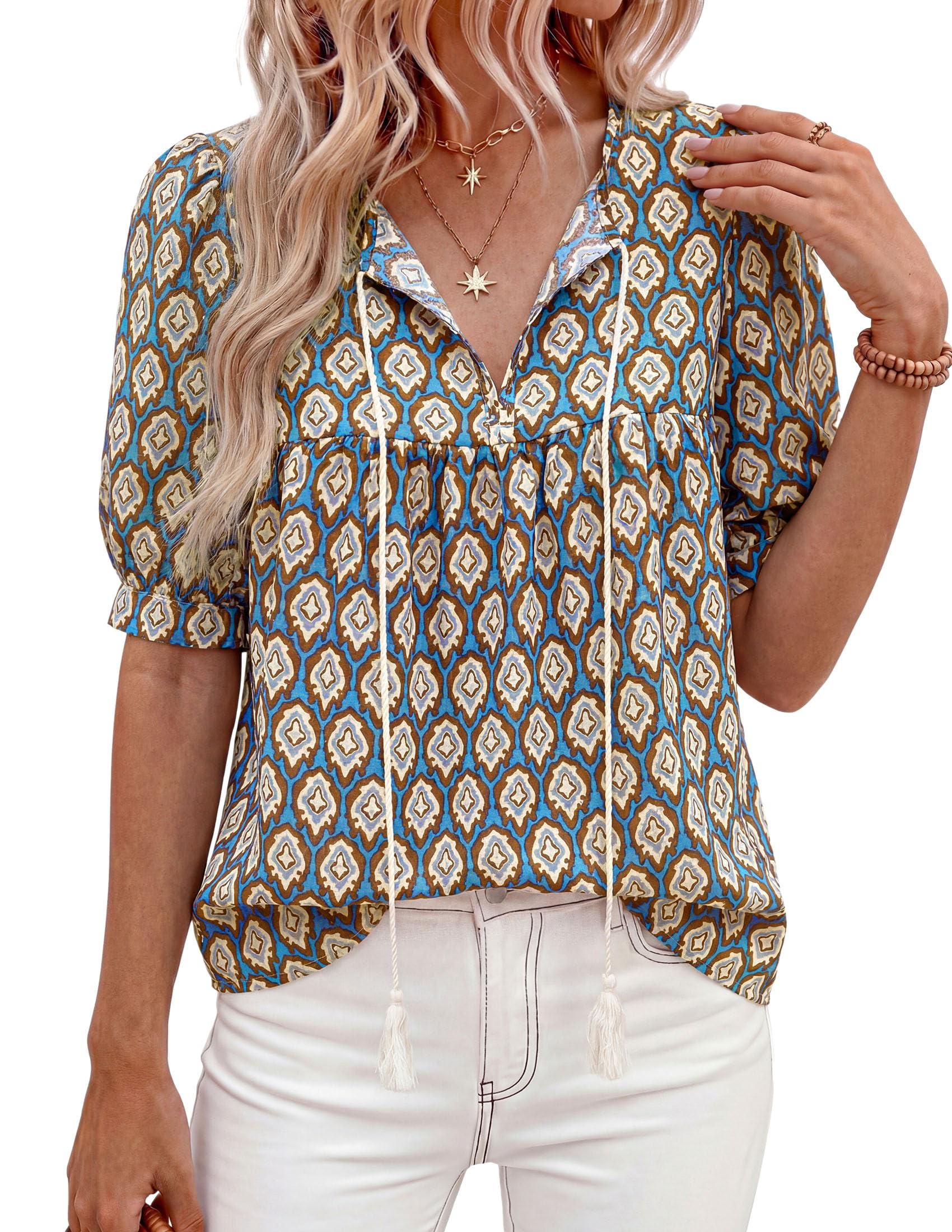 Womens Summer Boho Blouses Dressy Casual Blue,M