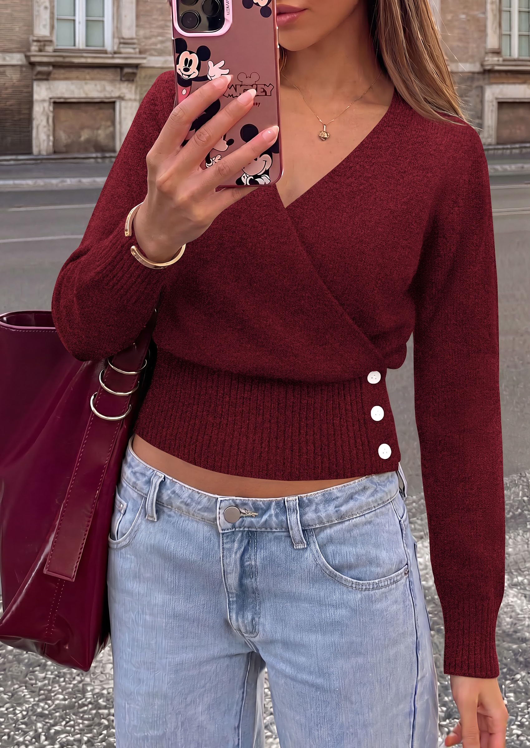 Women V Neck Wrap Sweater Cropped Tops (Wine Red,S)