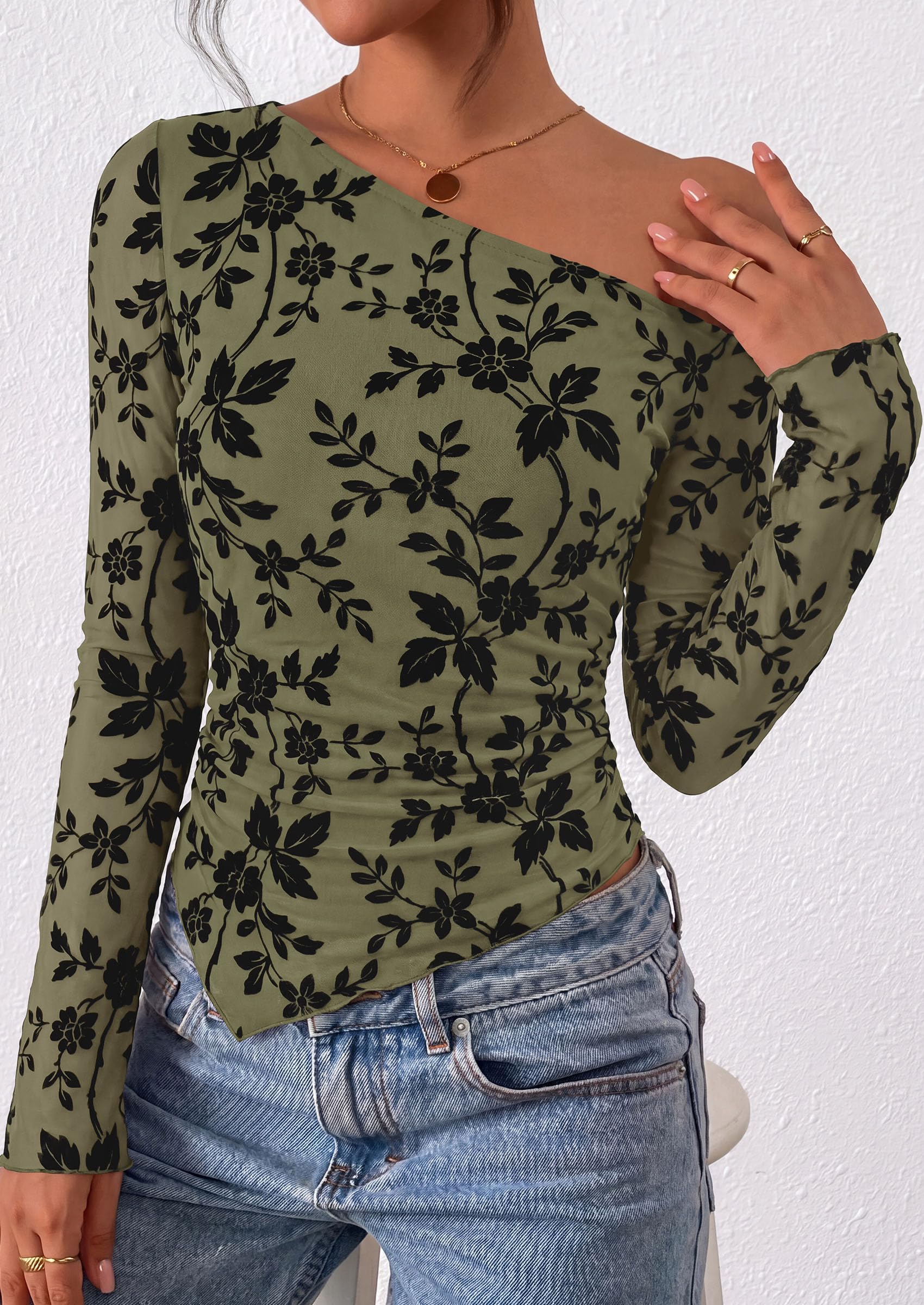 Womens Off Shoulder Mesh Y2k Tops,Army Green,XS