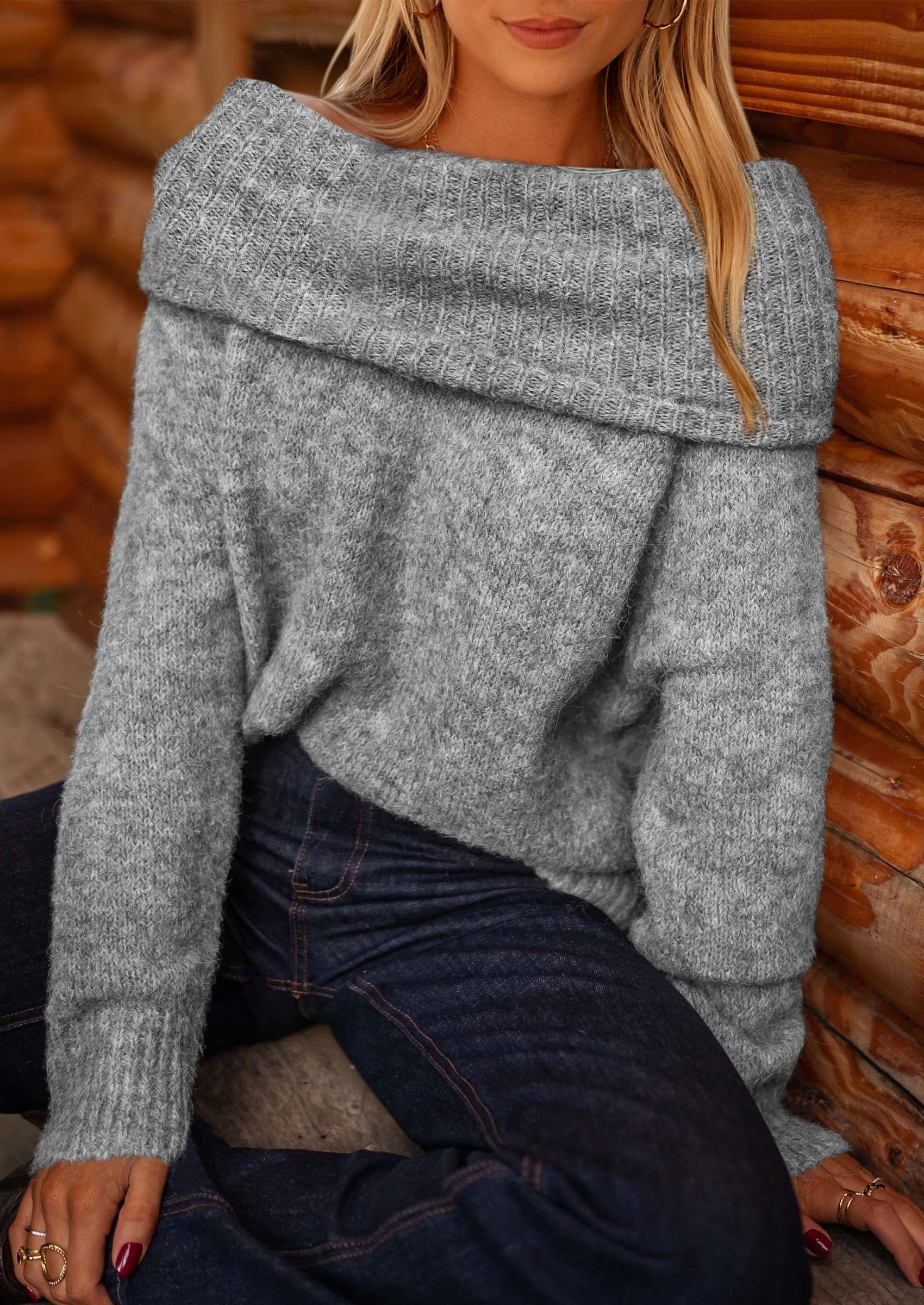 Women's Fall Off The Shoulder Sweater,Grey,S