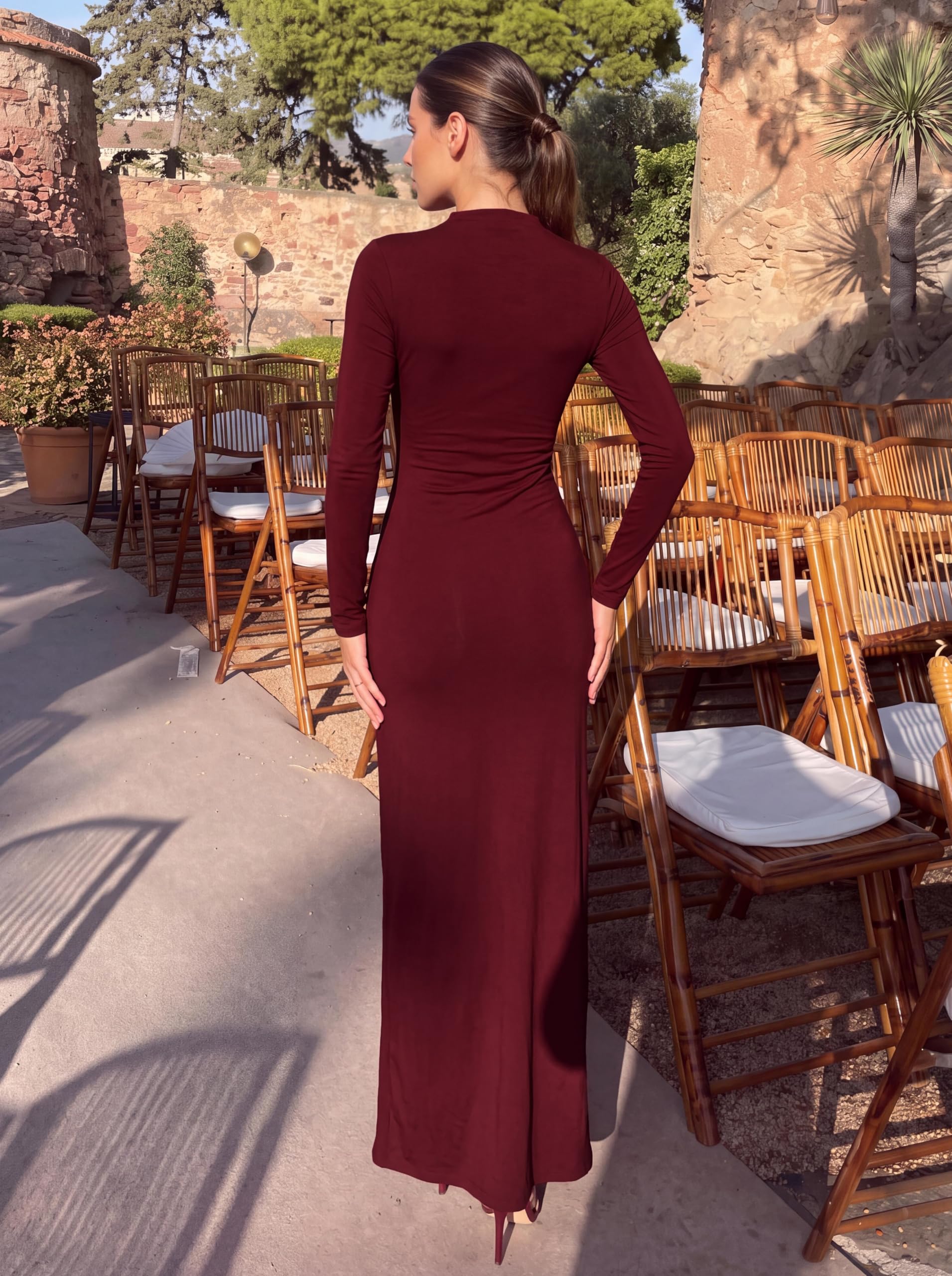 Women's Long Sleeve Wedding Guest Dress Fall Ruched Maxi Dress