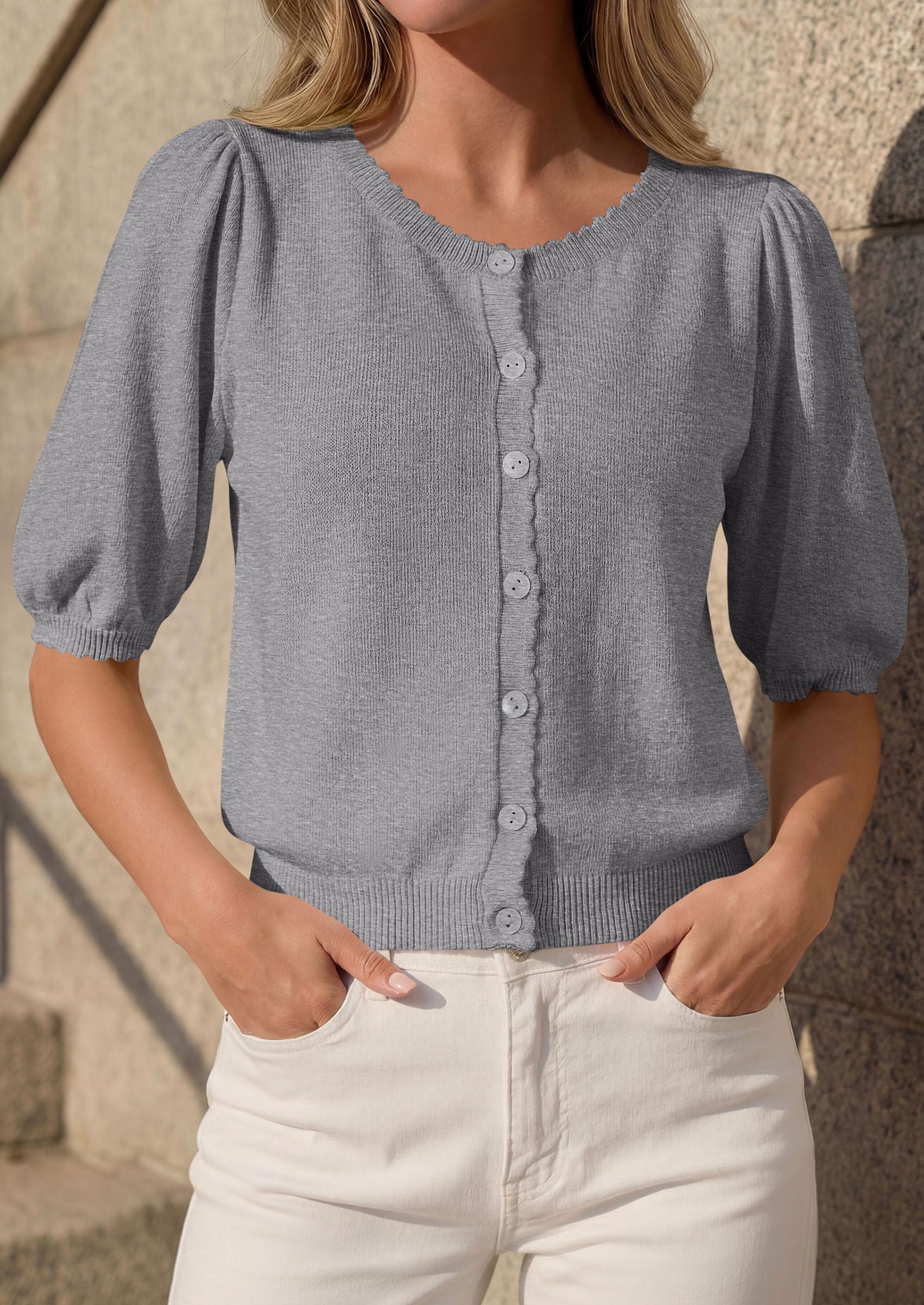 Women Short Sleeve Lightweight Knit Cardigans, Grey,S