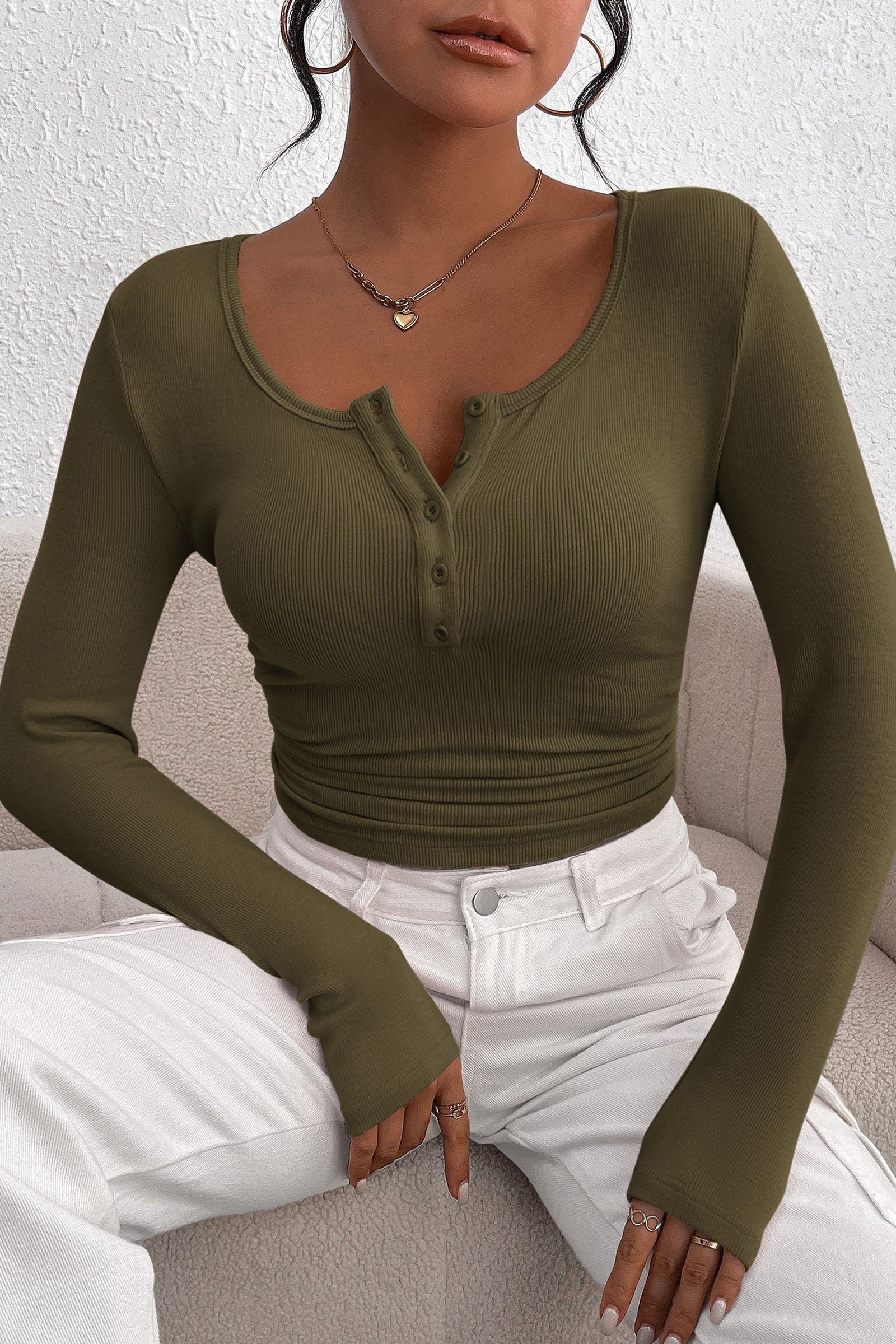 Women's Fall Long Sleeve Henley T Shirts Army Green