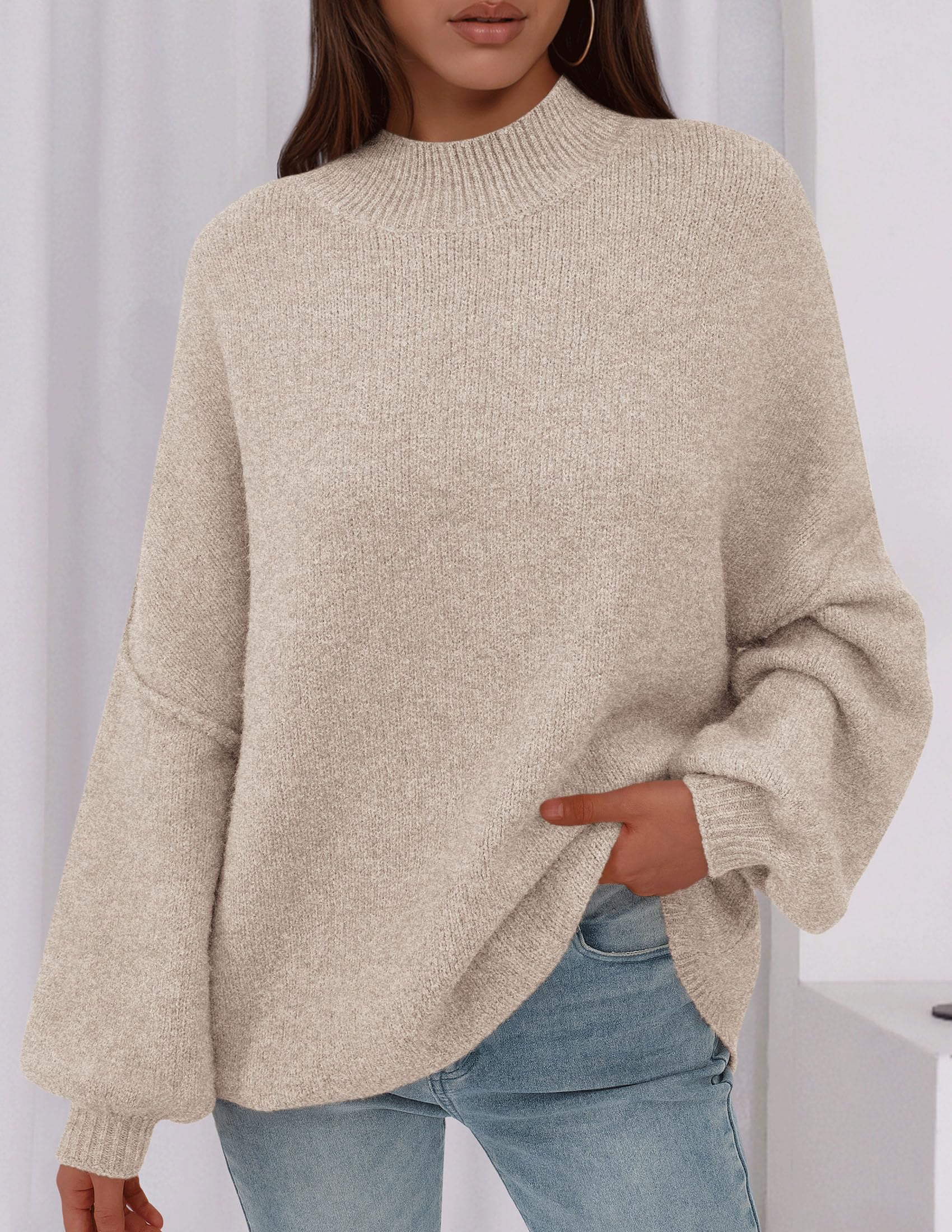 Women's Oversized Sweaters Fall Clothes (Light Khaki,M)