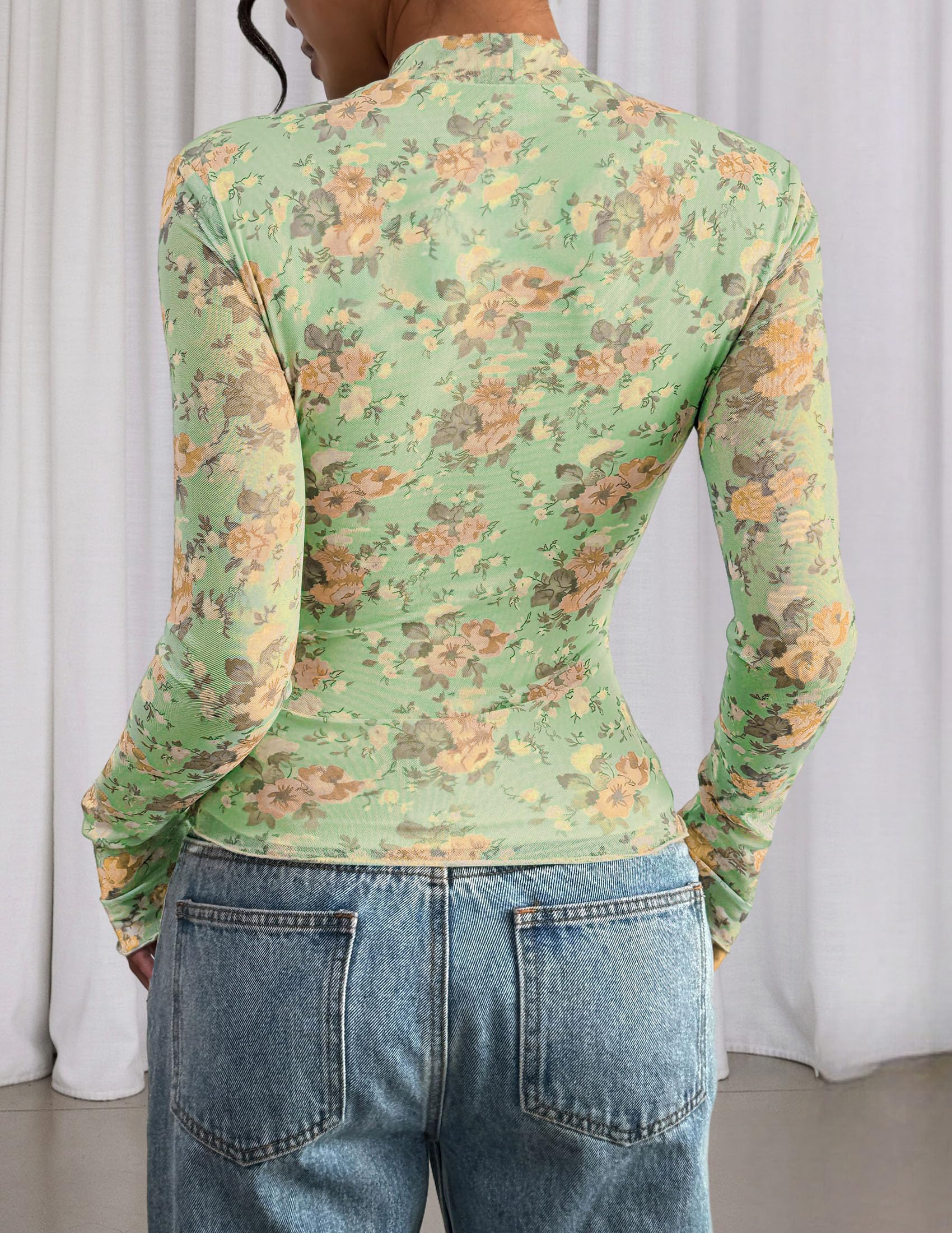 Womens Floral Mesh Long Sleeve Tops Fall Slim Fitted Shirts