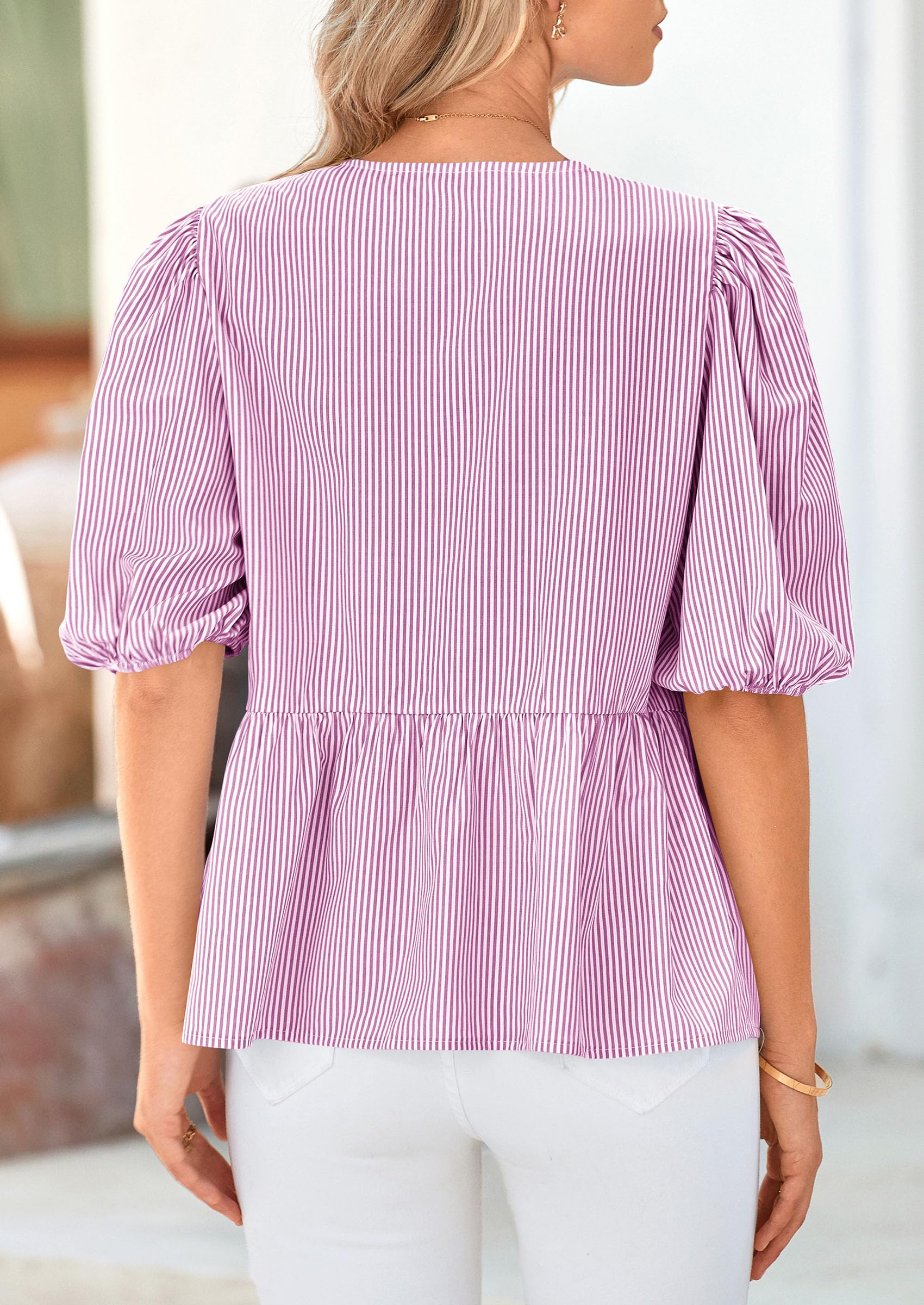 Women Striped Tie Front Babydoll Peplum Tops, Purple Red,S