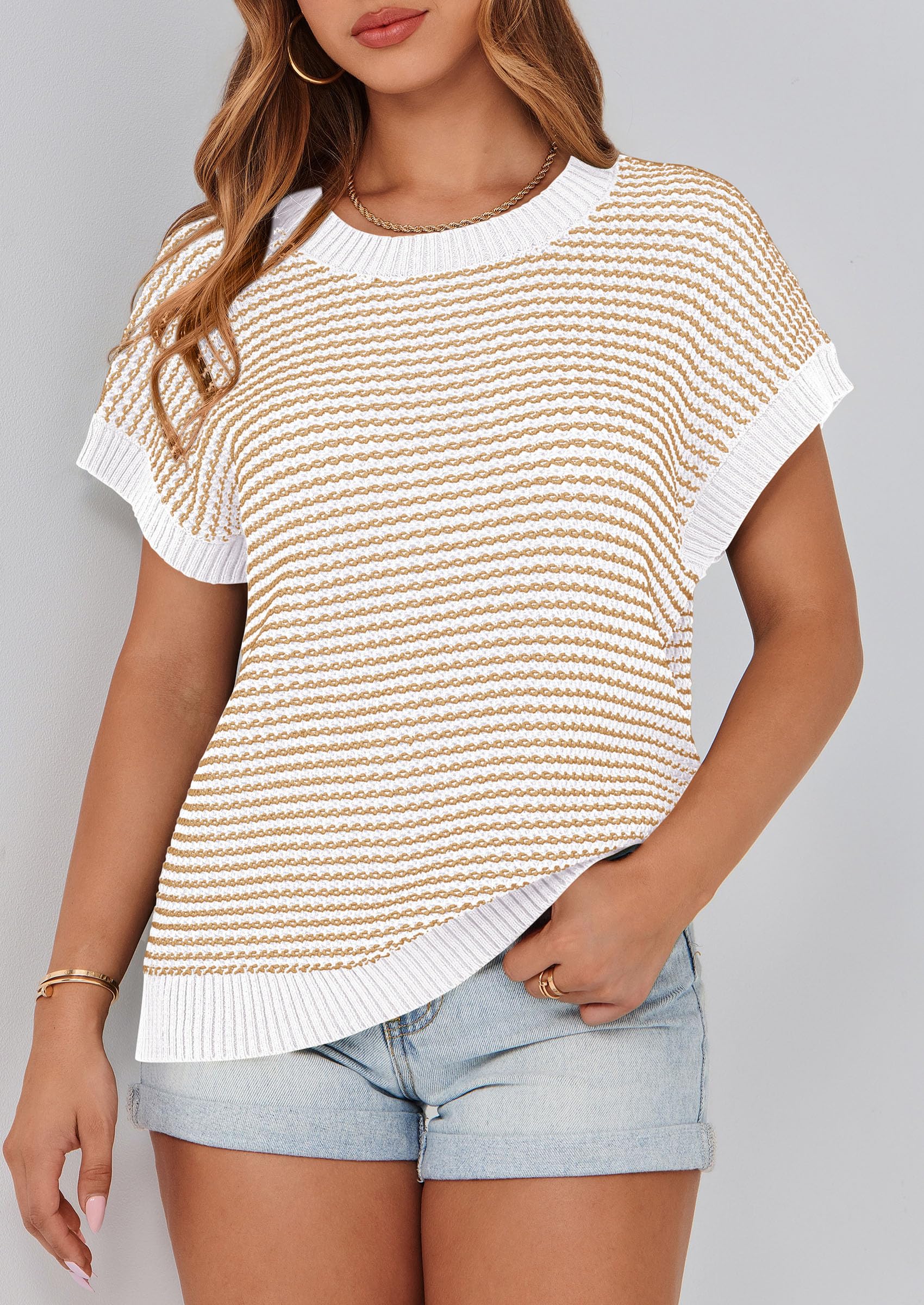 Women's Striped Short Sleeve Sweater Vest Apricot,S