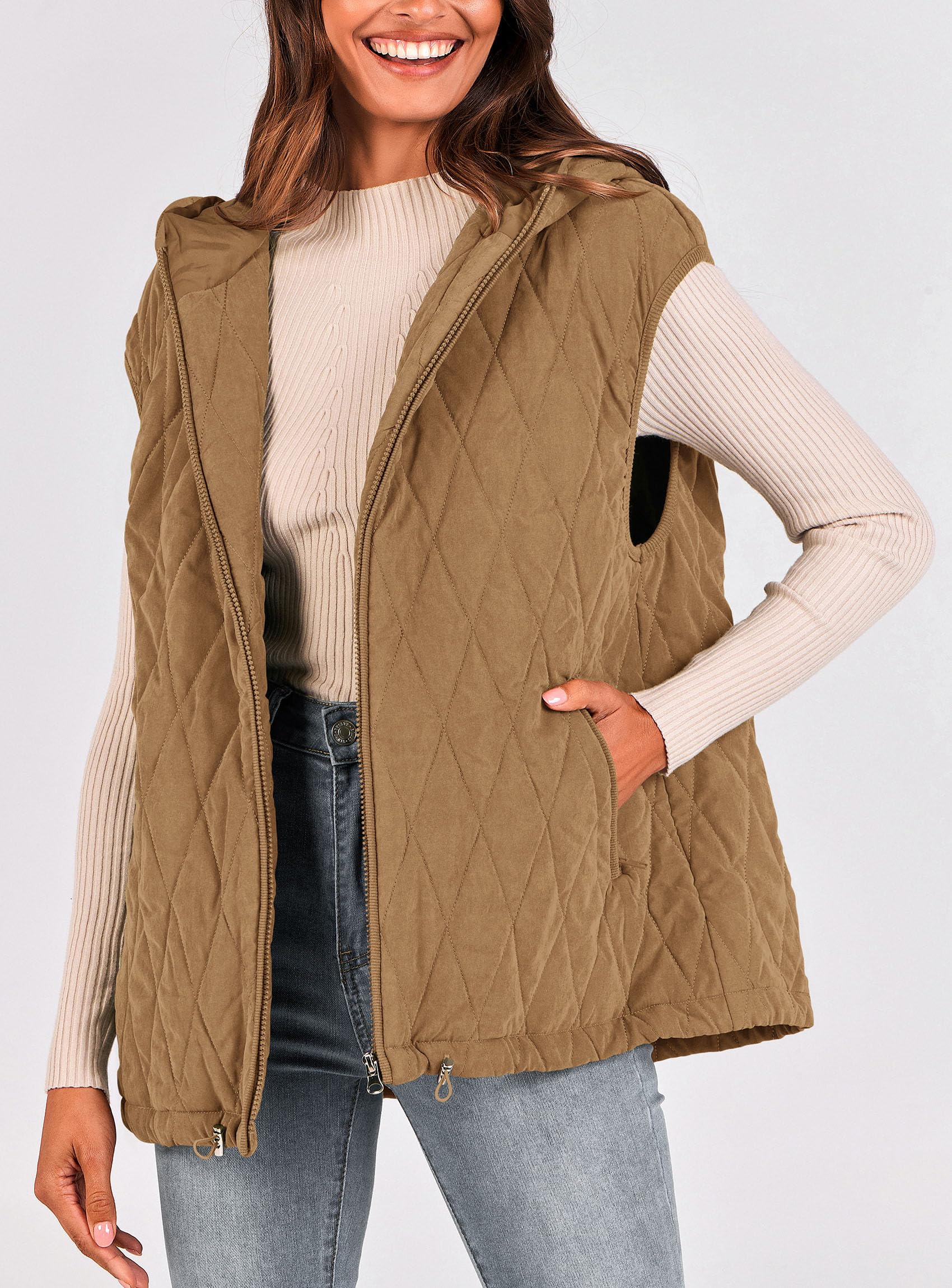Women's Fall Fashion Vest Zip Up Jacket(Camel,Large)