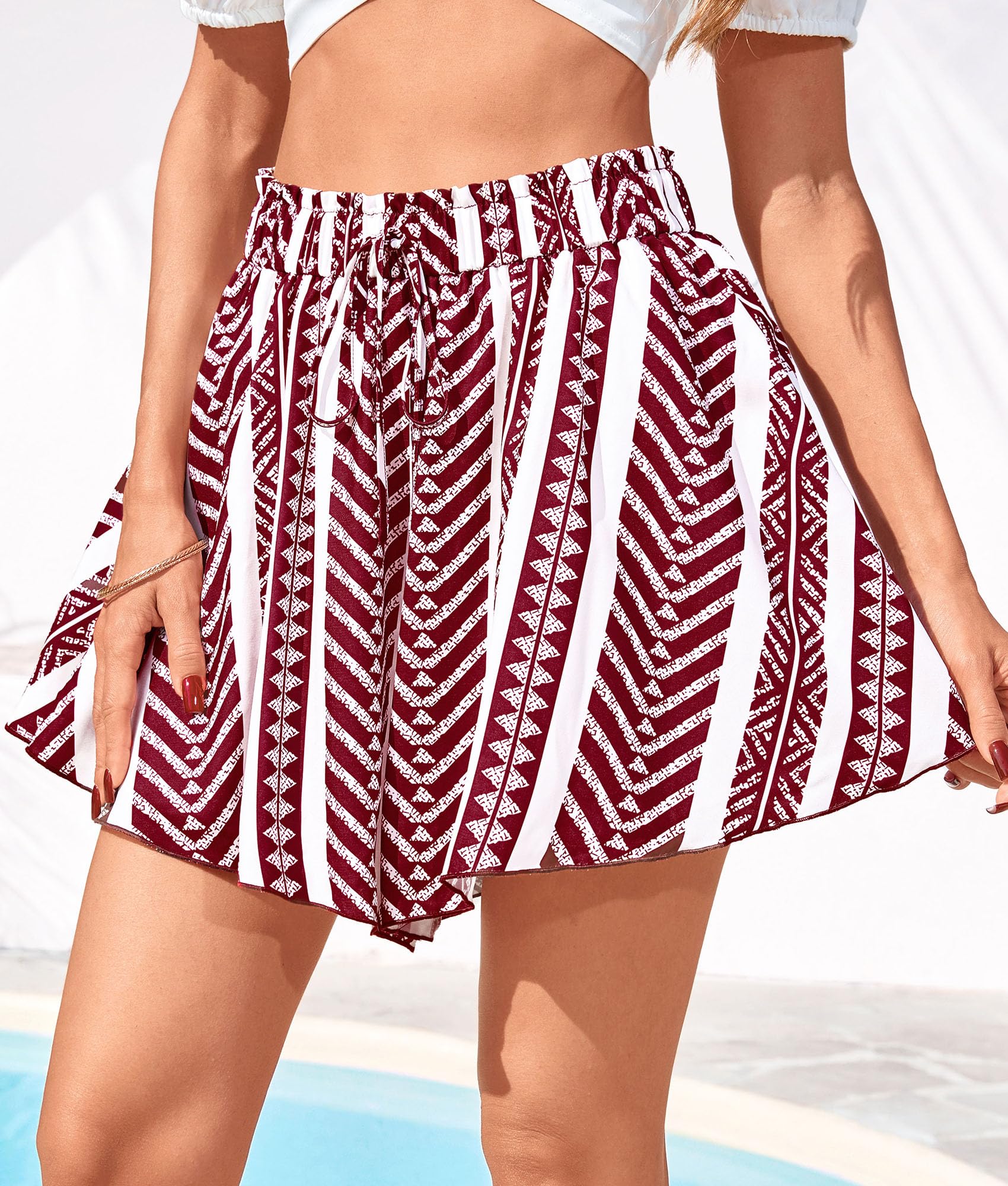 Women's Summer Wide Leg Flowy Shorts,Print Burgundy White,S